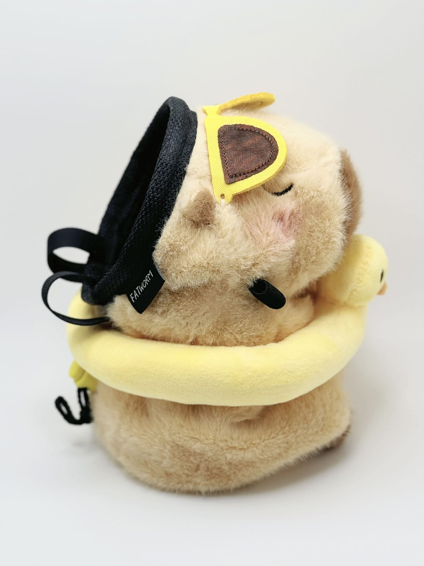 Beachwear Capybara Yellow Duck Swim Ring Climbing Chalk Bag - Summer Special Edition featuring a capybara with sunglasses and a detachable yellow duck swim ring. Cute climbing chalk bag
