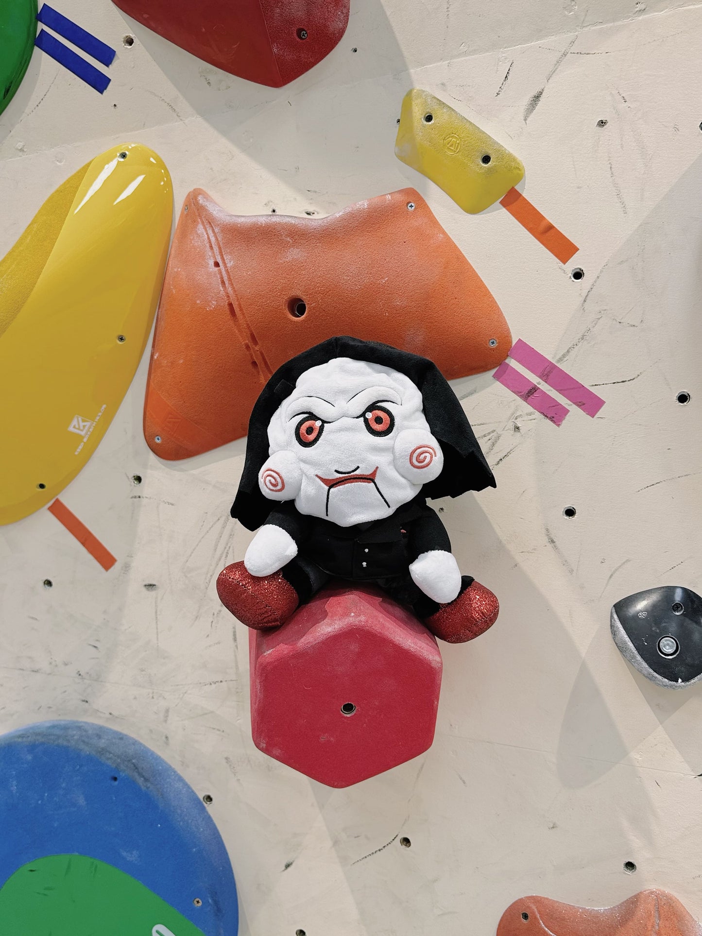Halloween Limited Edition Billy SAW Chalk Bag — movie-inspired handmade plush chalk bag by Fatworm, perfect for bouldering and sport climbing.