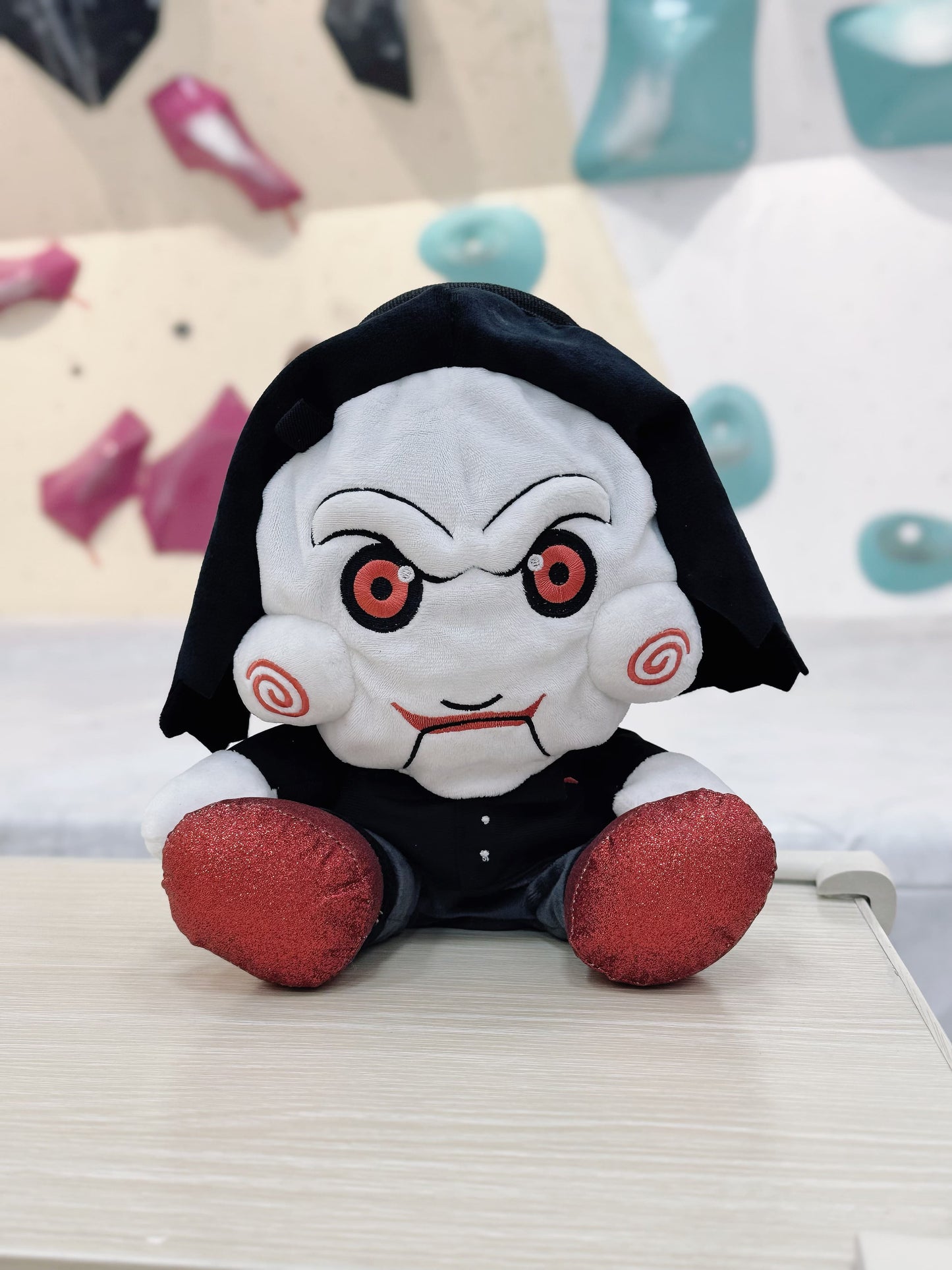 Halloween Limited Edition Billy SAW Chalk Bag — movie-inspired handmade plush chalk bag by Fatworm, perfect for bouldering and sport climbing.