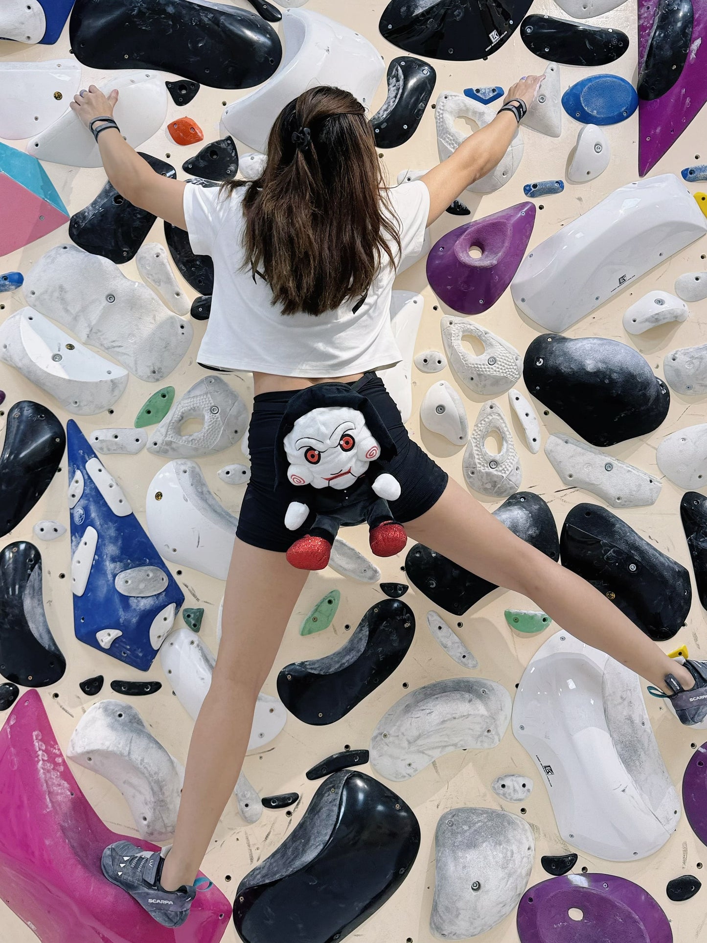 Halloween Limited Edition Billy SAW Chalk Bag — movie-inspired handmade plush chalk bag by Fatworm, perfect for bouldering and sport climbing.