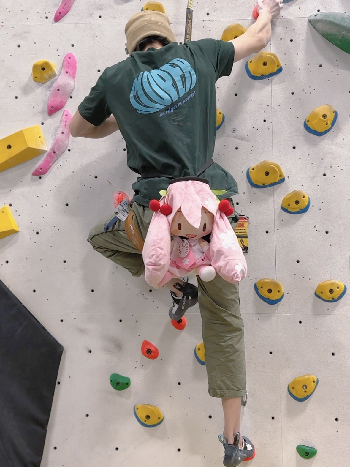 Sakura Hatsune Miku Chalk Bag – Plush anime-inspired chalk bag for climbing, bouldering, and rock climbing. Handmade by Fatworm Chalkbag, featuring a repurposed Sakura Miku plush design. Cute and functional gear for climbers and Vocaloid fans!
