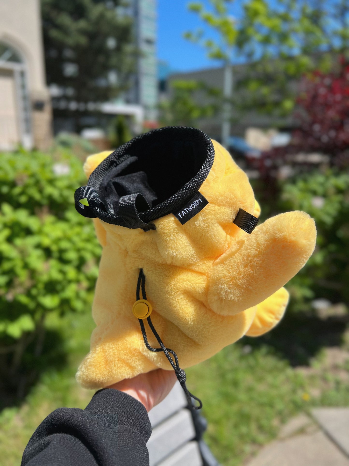 Handmade Psyduck plush anime chalk bags in two sizes – cute, functional climbing gear for bouldering enthusiasts and Pokémon fans by Fatworm Chalkbag
