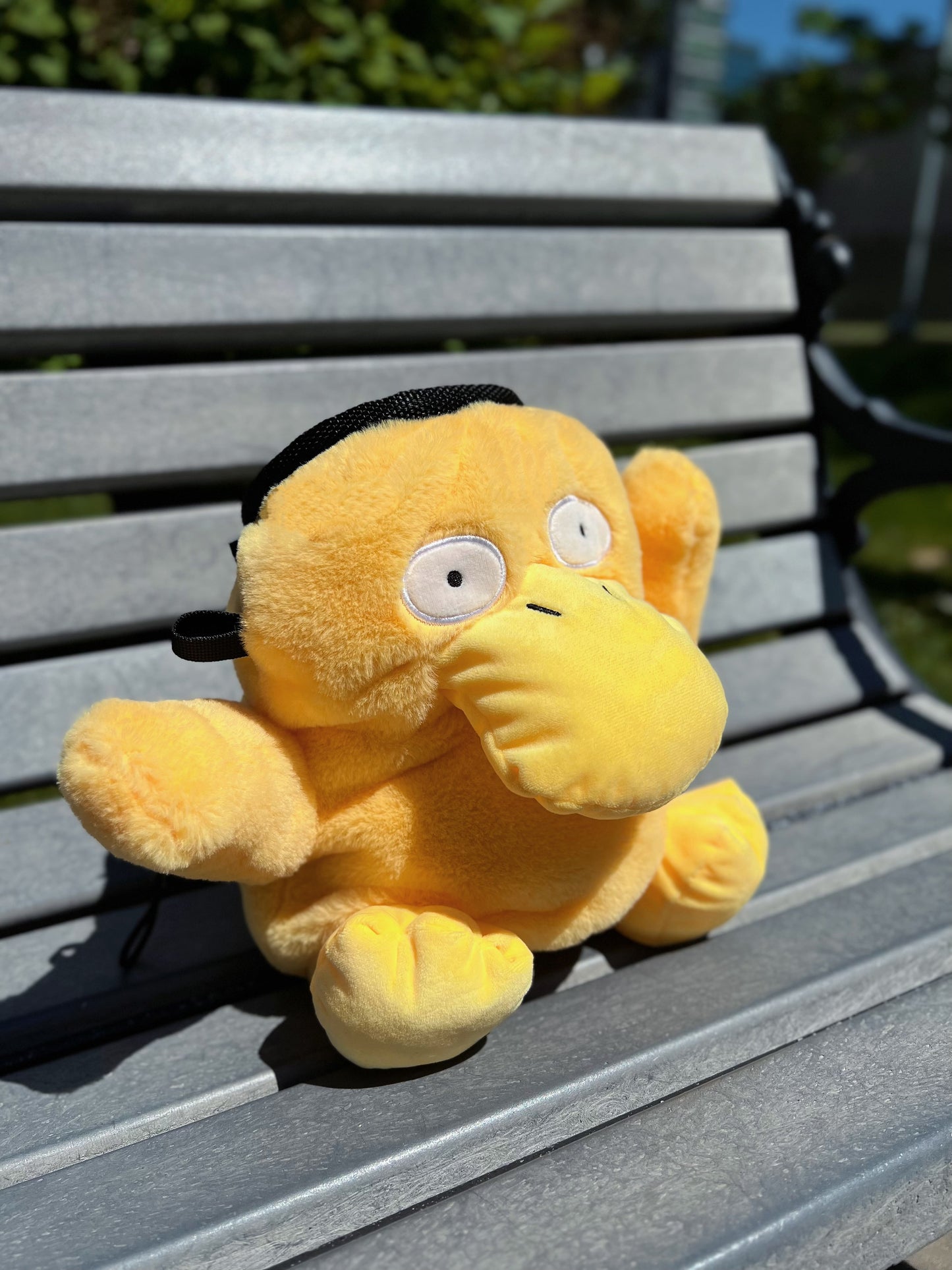 Handmade Psyduck plush anime chalk bags in two sizes – cute, functional climbing gear for bouldering enthusiasts and Pokémon fans by Fatworm Chalkbag