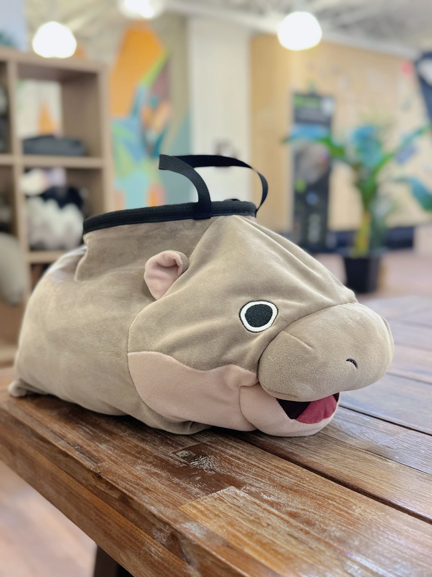 Moo Deng pygmy hippo chalk bag and chalk bucket, handmade plush climbing gear for bouldering by Fatworm animal plush chalk bag cute