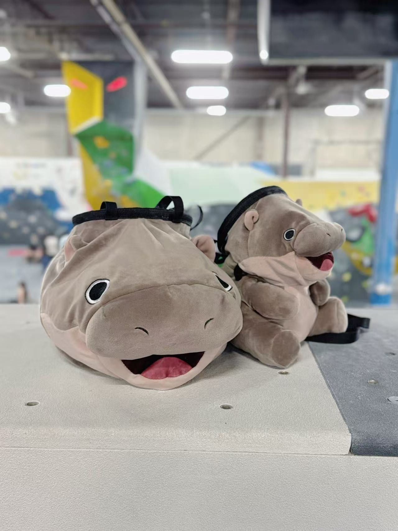 Moo Deng pygmy hippo chalk bag and chalk bucket, handmade plush climbing gear for bouldering by Fatworm animal plush chalk bag cute