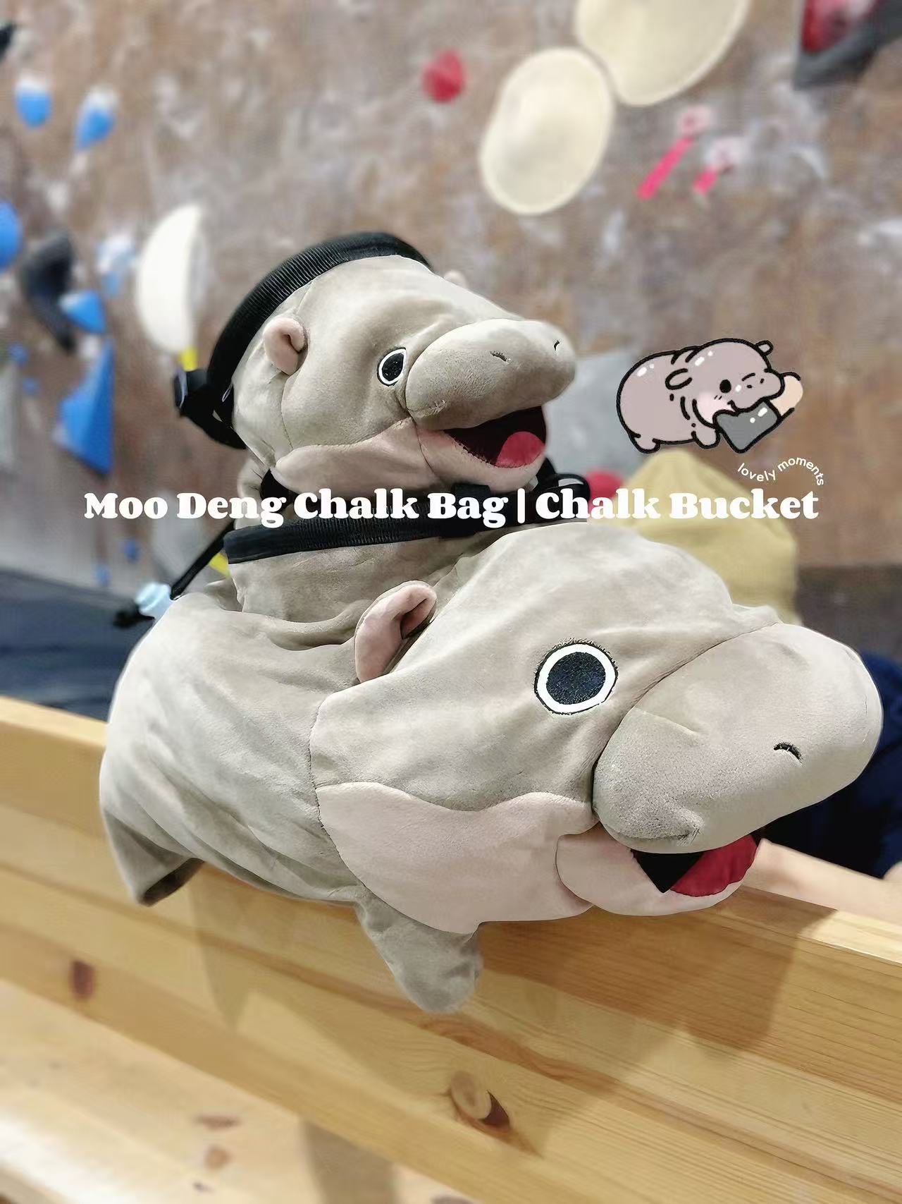 Moo Deng pygmy hippo chalk bag and chalk bucket, handmade plush climbing gear for bouldering by Fatworm animal plush chalk bag cute