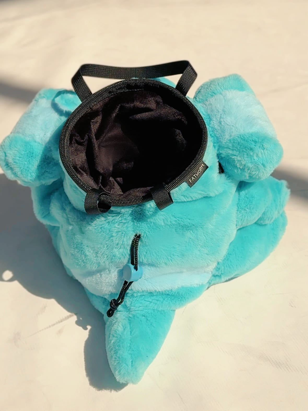 Handmade Gible chalk bucket for climbers, plush Pokémon-inspired bouldering chalk bag with wide rim, fleece lining, and drawstring closure