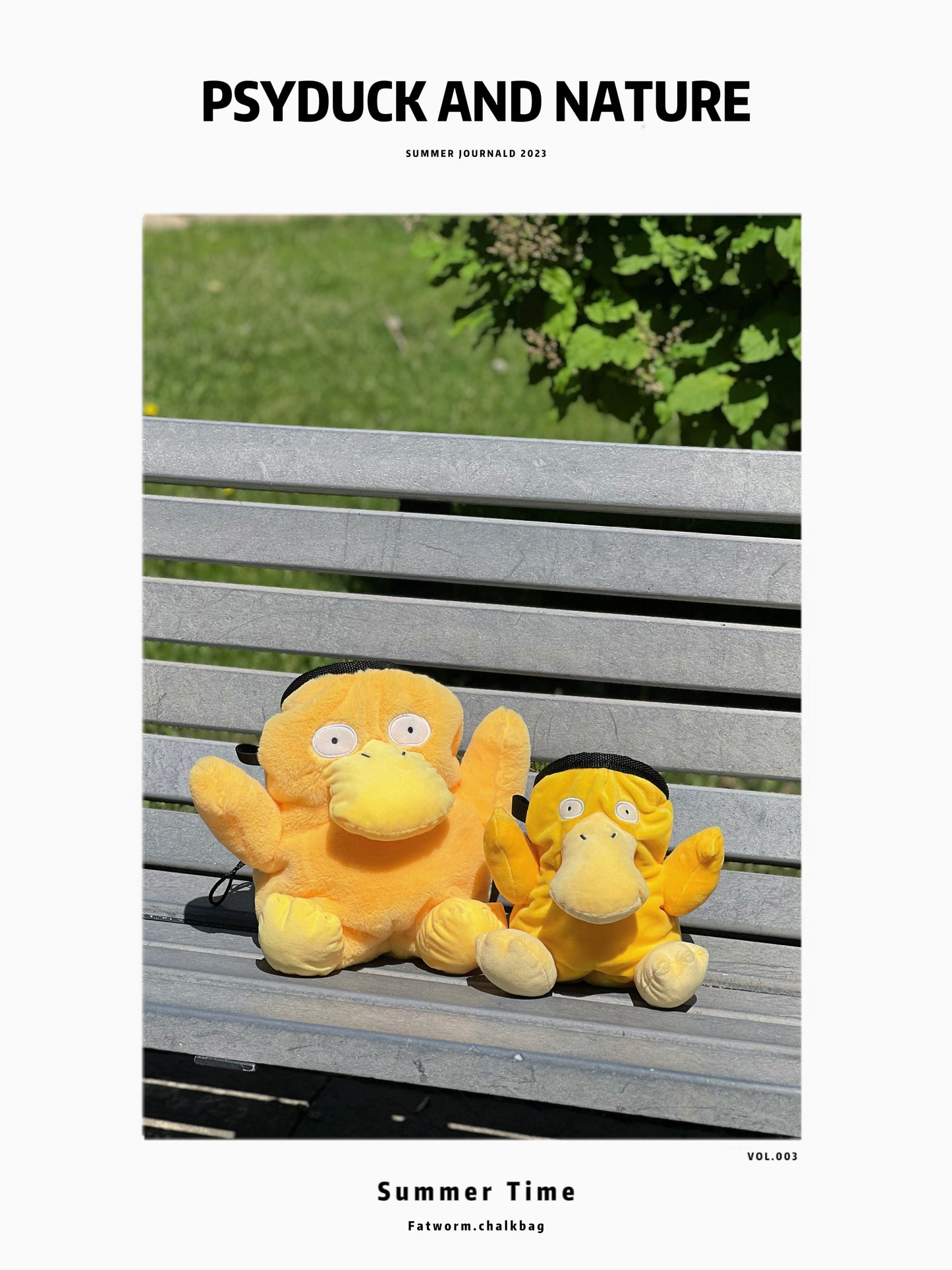 Handmade Psyduck plush anime chalk bags in two sizes – cute, functional climbing gear for bouldering enthusiasts and Pokémon fans by Fatworm Chalkbag