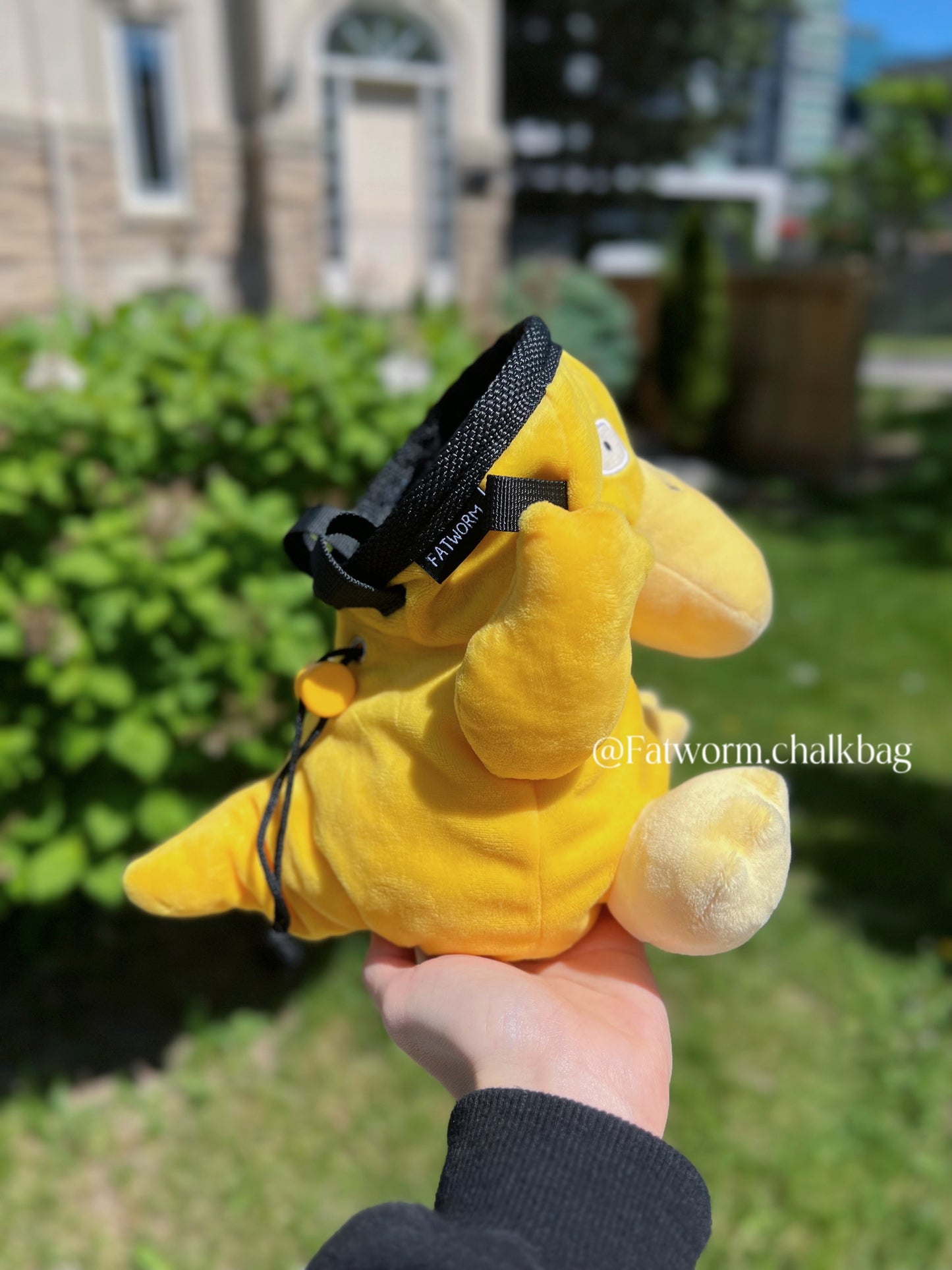 Handmade Psyduck plush anime chalk bags in two sizes – cute, functional climbing gear for bouldering enthusiasts and Pokémon fans by Fatworm Chalkbag