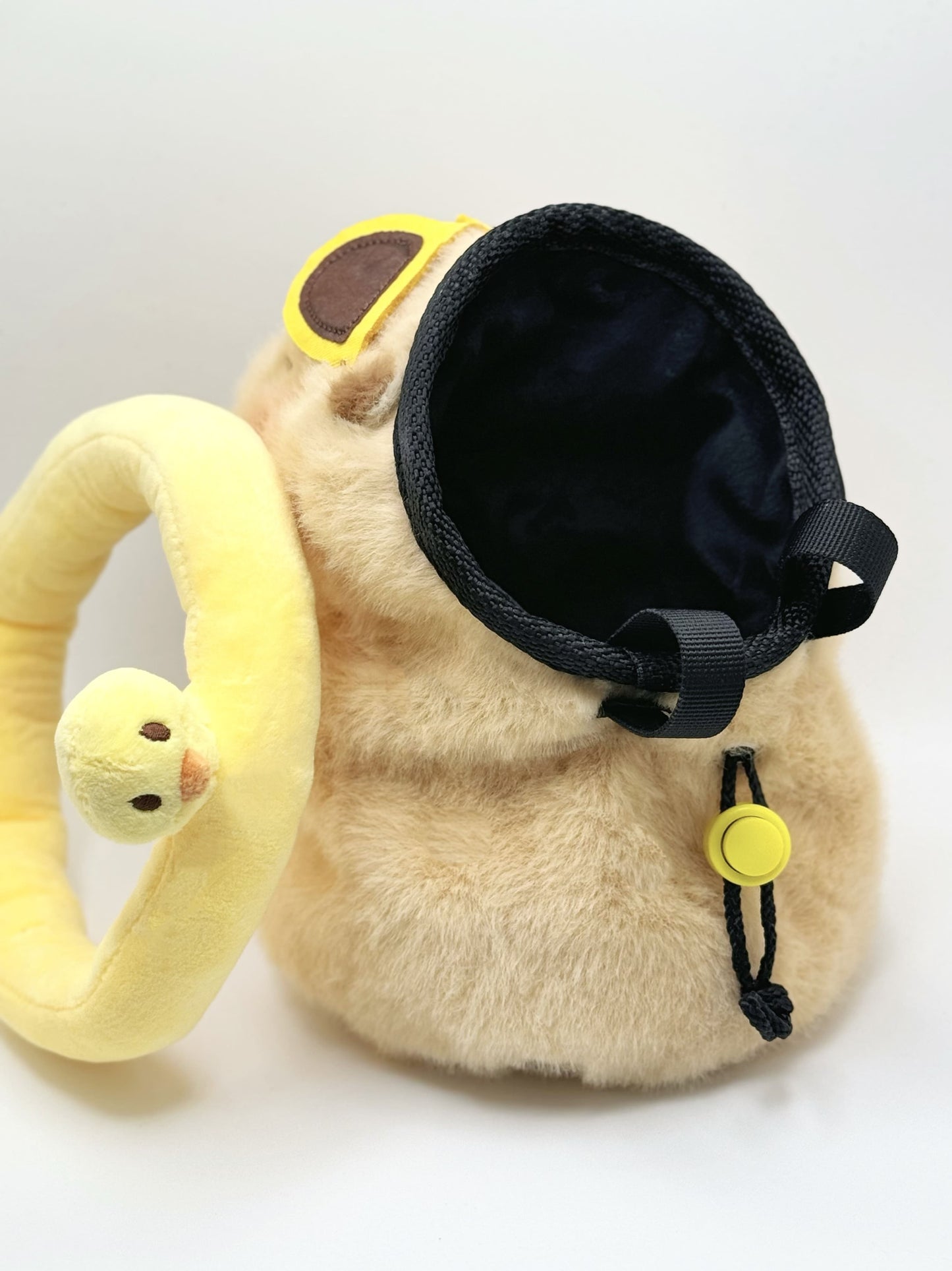 Beachwear Capybara Yellow Duck Swim Ring Climbing Chalk Bag - Summer Special Edition featuring a capybara with sunglasses and a detachable yellow duck swim ring. Cute climbing chalk bag