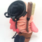 Dazed mocha brown and pink fish design on a cute plush chalk bag for rock climbing. Shows wide shocked eyes,  and a functional stiffened rim. A unique climbing gift for climbers.