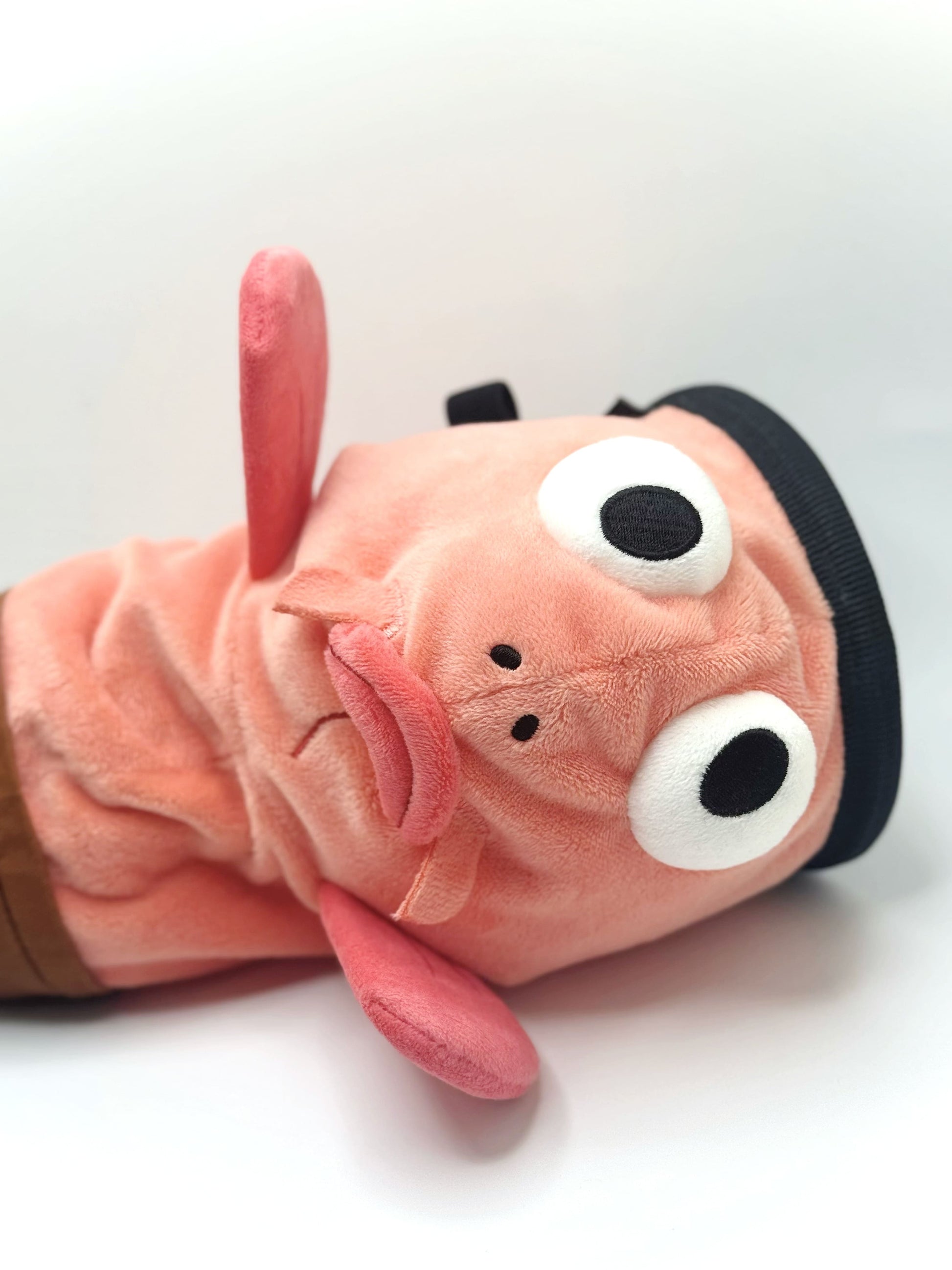Dazed mocha brown and pink fish design on a cute plush chalk bag for rock climbing. Shows wide shocked eyes,  and a functional stiffened rim. A unique climbing gift for climbers.