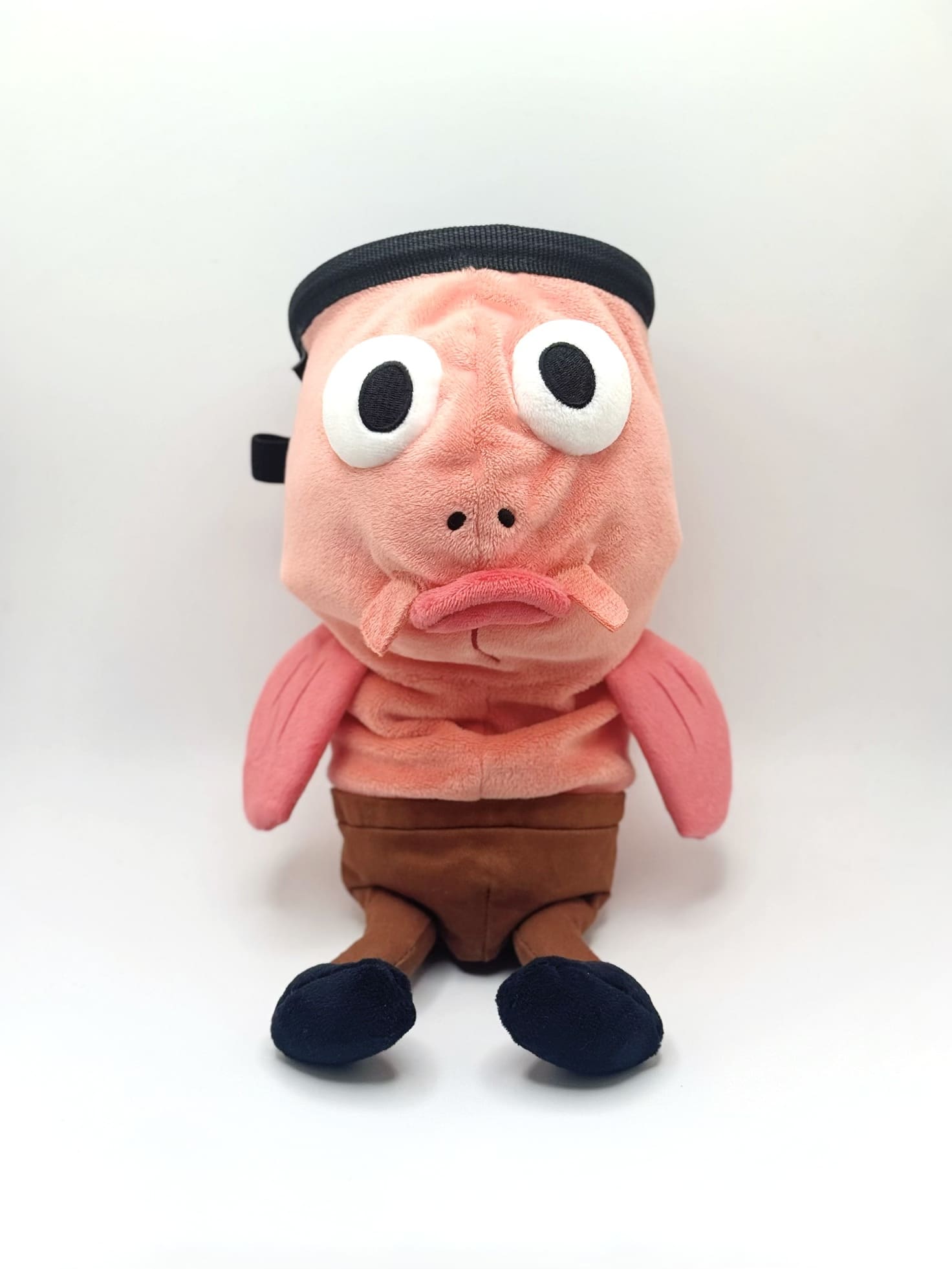 Dazed mocha brown and pink fish design on a cute plush chalk bag for rock climbing. Shows wide shocked eyes,  and a functional stiffened rim. A unique climbing gift for climbers.