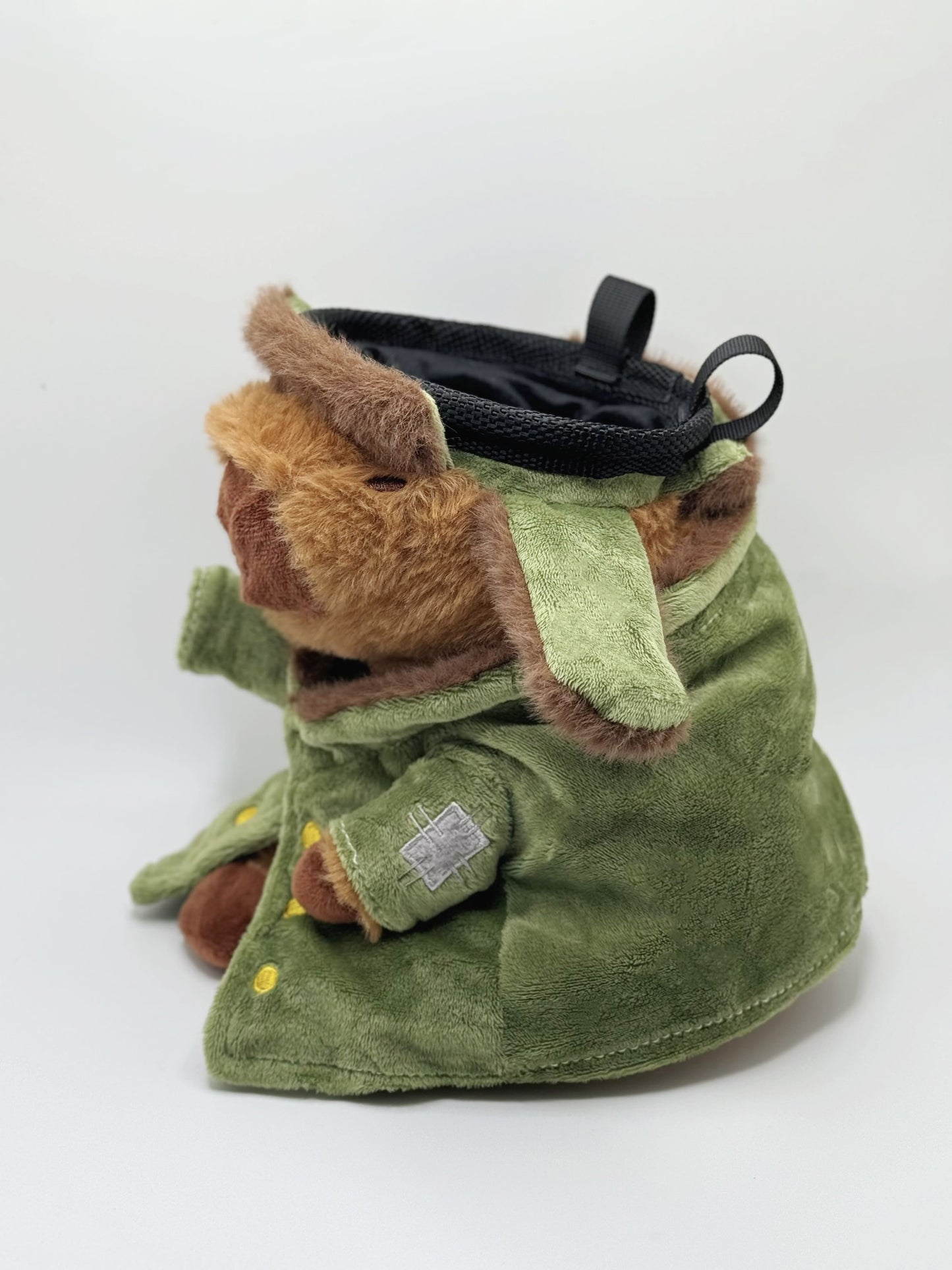 handmade cute climbing chalk bag featuring a capybara design in a military coat