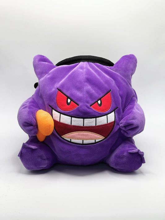 A cute anime plush chalk bag by Fatworm featuring Gengar holding a peanut. This functional and fluffy accessory is handmade for bouldering and climbing for rock climbing, offering a long-durable design that makes the perfect climbing gift for a climber.