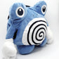 A cute anime plush chalk bag by FATWORM featuring a blue tadpole with a black and white swirl on its belly and white gloves. This functional and fluffy bouldering accessory is handmade for bouldering and climbing for rock climbing, offering a long-durable design that makes the perfect climbing gift for a climber.