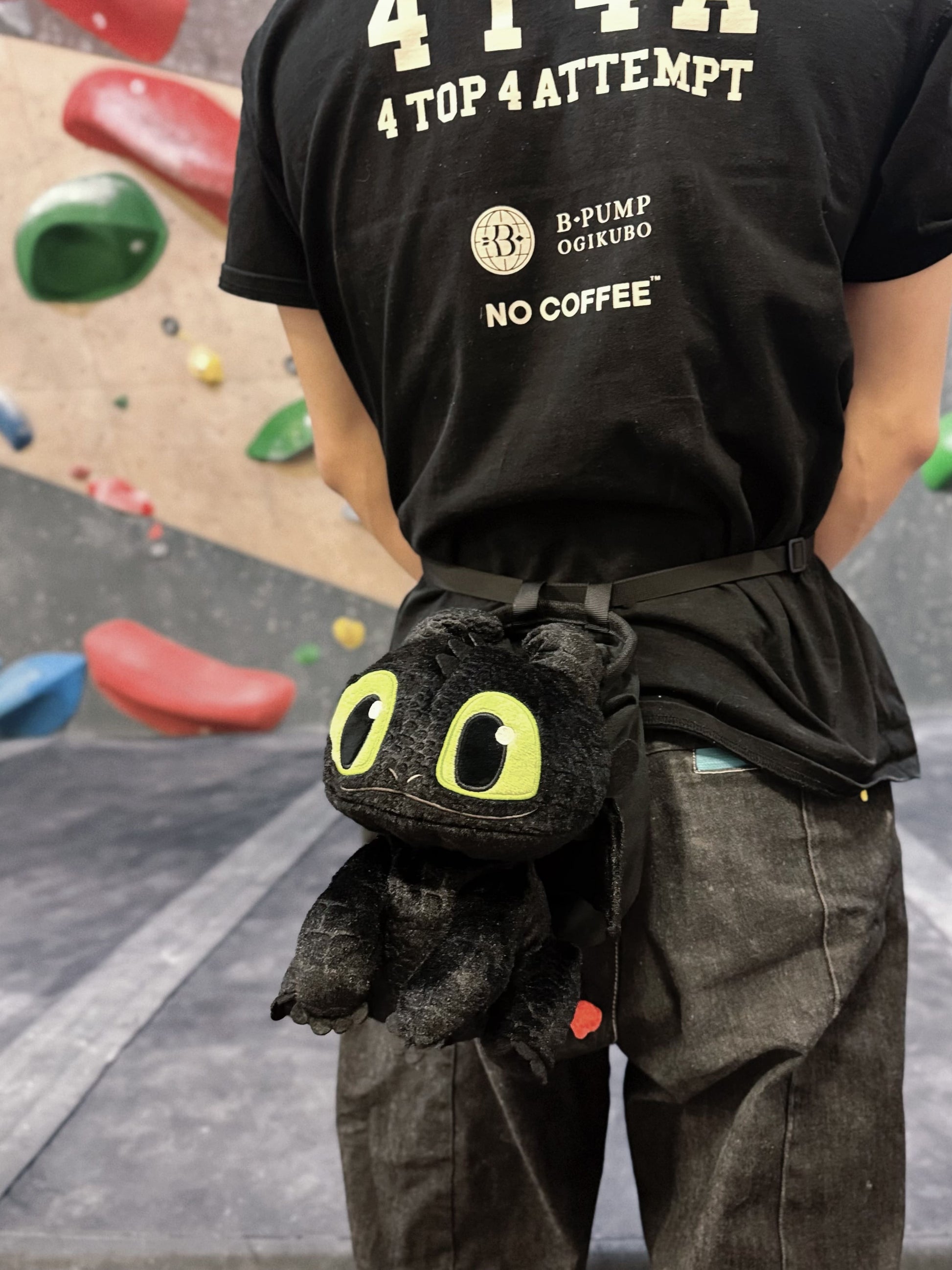 Baby Toothless dragon chalk bag for rock climbing and bouldering, featuring green eyes and Night Fury wings on black plush fabric.