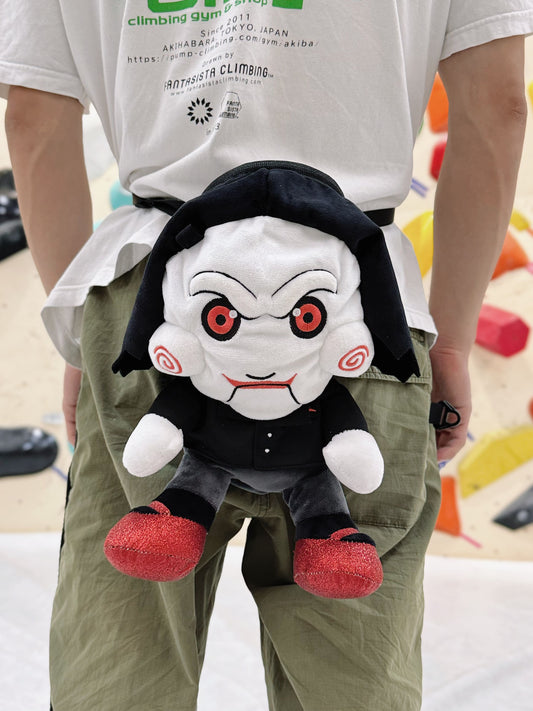 Halloween Limited Edition Billy SAW Chalk Bag — movie-inspired handmade plush chalk bag by Fatworm, perfect for bouldering and sport climbing.