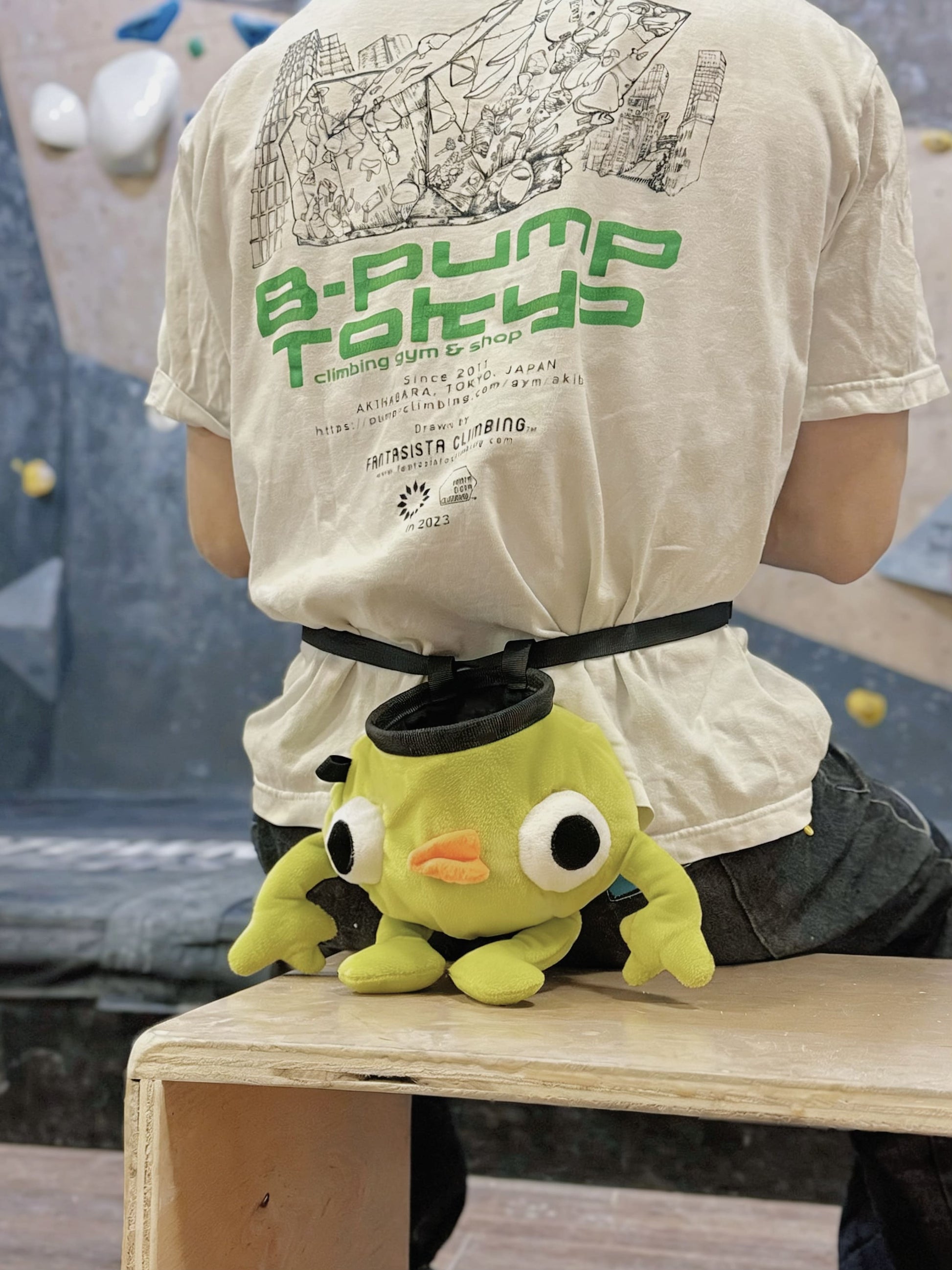 Soft plush climbing chalk bag shaped like a green game mascot with embroidered eyes. Inspired by the character Bing Bong from the co-op climbing video game PEAK. Handmade climbing chalk bag for bouldering and gym use by Fatworm