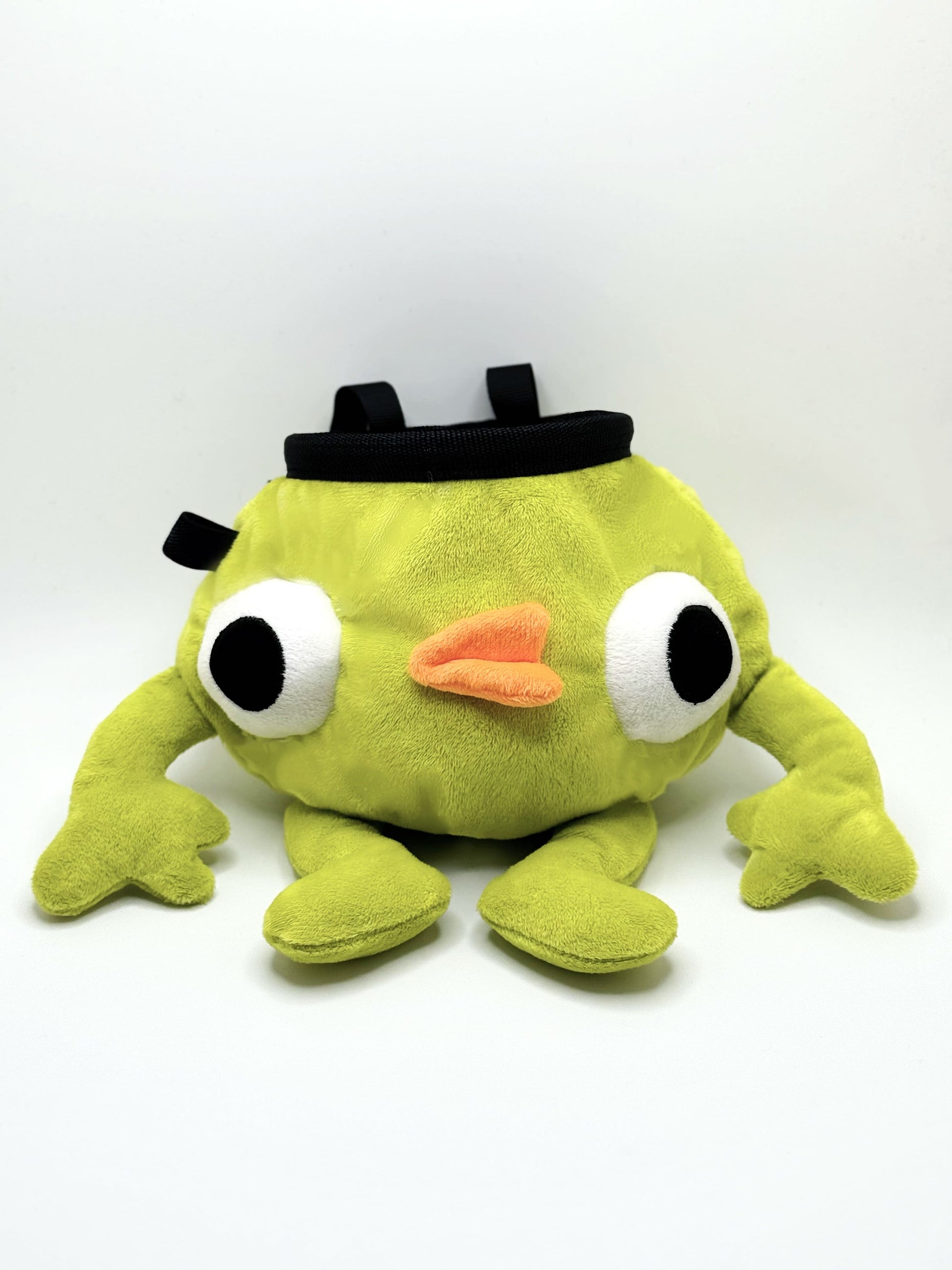 Soft plush climbing chalk bag shaped like a green game mascot with embroidered eyes. Inspired by the character Bing Bong from the co-op climbing video game PEAK. Handmade climbing chalk bag for bouldering and gym use by Fatworm
