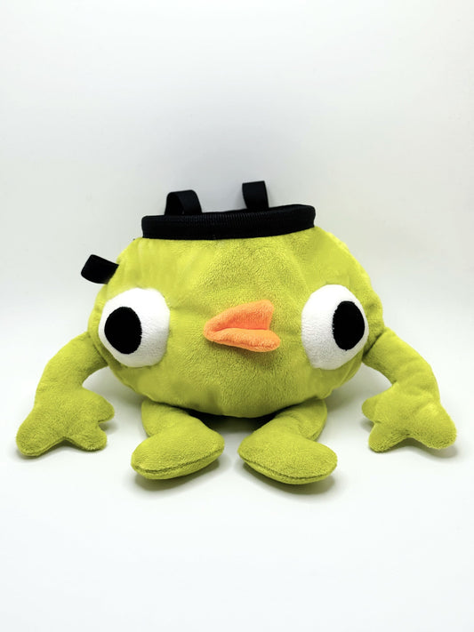 Soft plush climbing chalk bag shaped like a green game mascot with embroidered eyes. Inspired by the character Bing Bong from the co-op climbing video game PEAK. Handmade climbing chalk bag for bouldering and gym use by Fatworm
