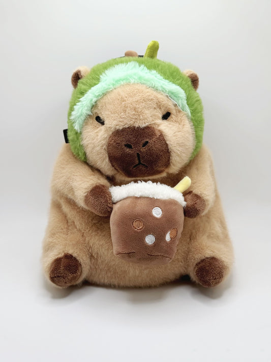 Handmade capybara-shaped climbing chalk bag dressed as avocado clutching a bubble tea cup