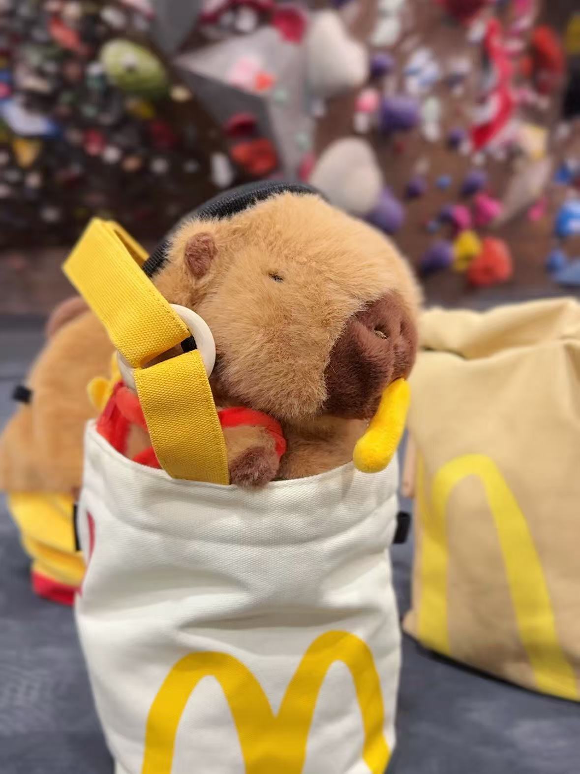 Handmade brown plush capybara climbing chalk bag wearing a red M backpack with removable plush fries. Unique bouldering gift featuring a reinforced 12cm rim and deep black fleece lining. Cute and funny bouldering gear by Fatworm.