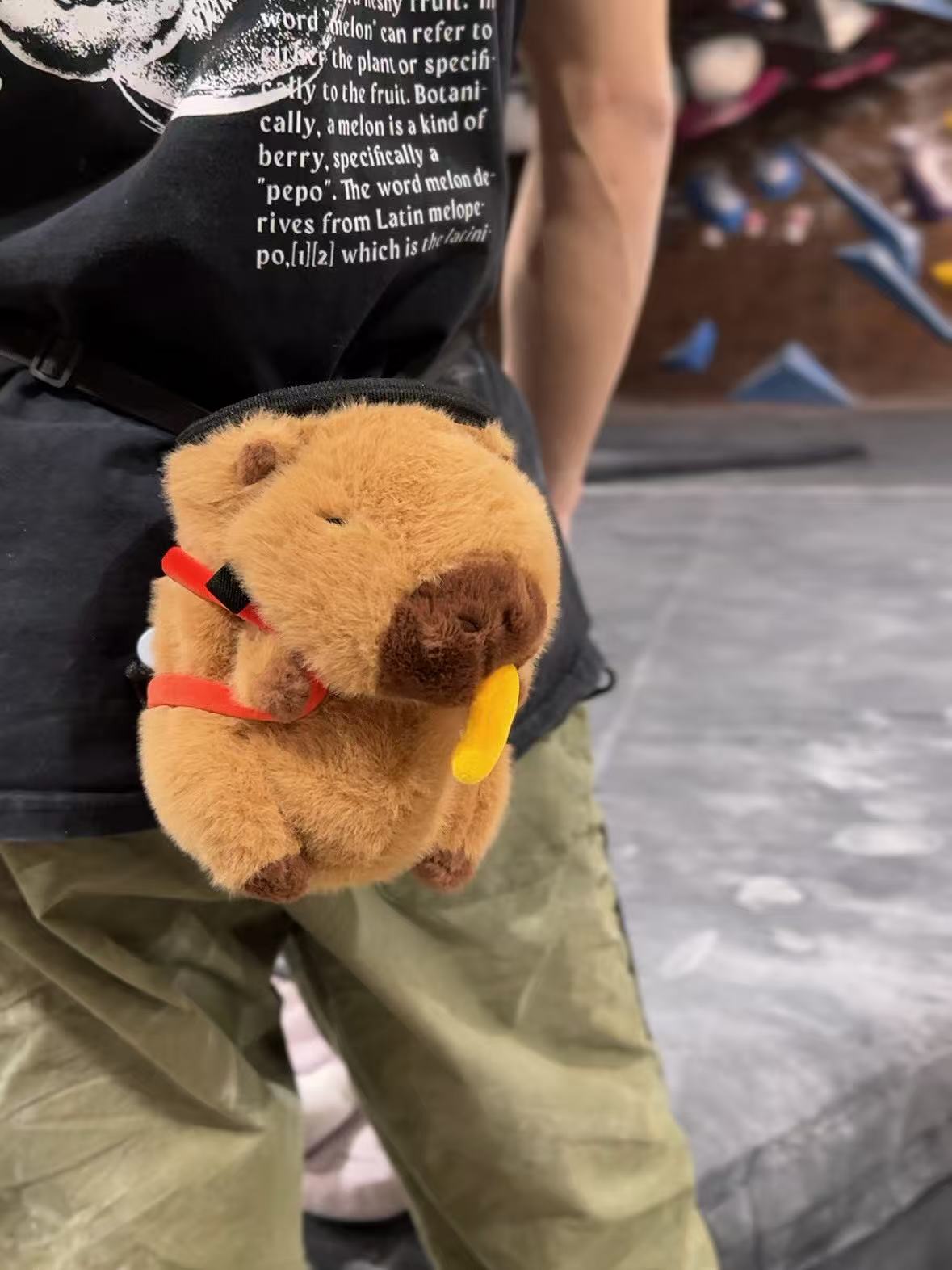 Handmade brown plush capybara climbing chalk bag wearing a red M backpack with removable plush fries. Unique bouldering gift featuring a reinforced 12cm rim and deep black fleece lining. Cute and funny bouldering gear by Fatworm.
