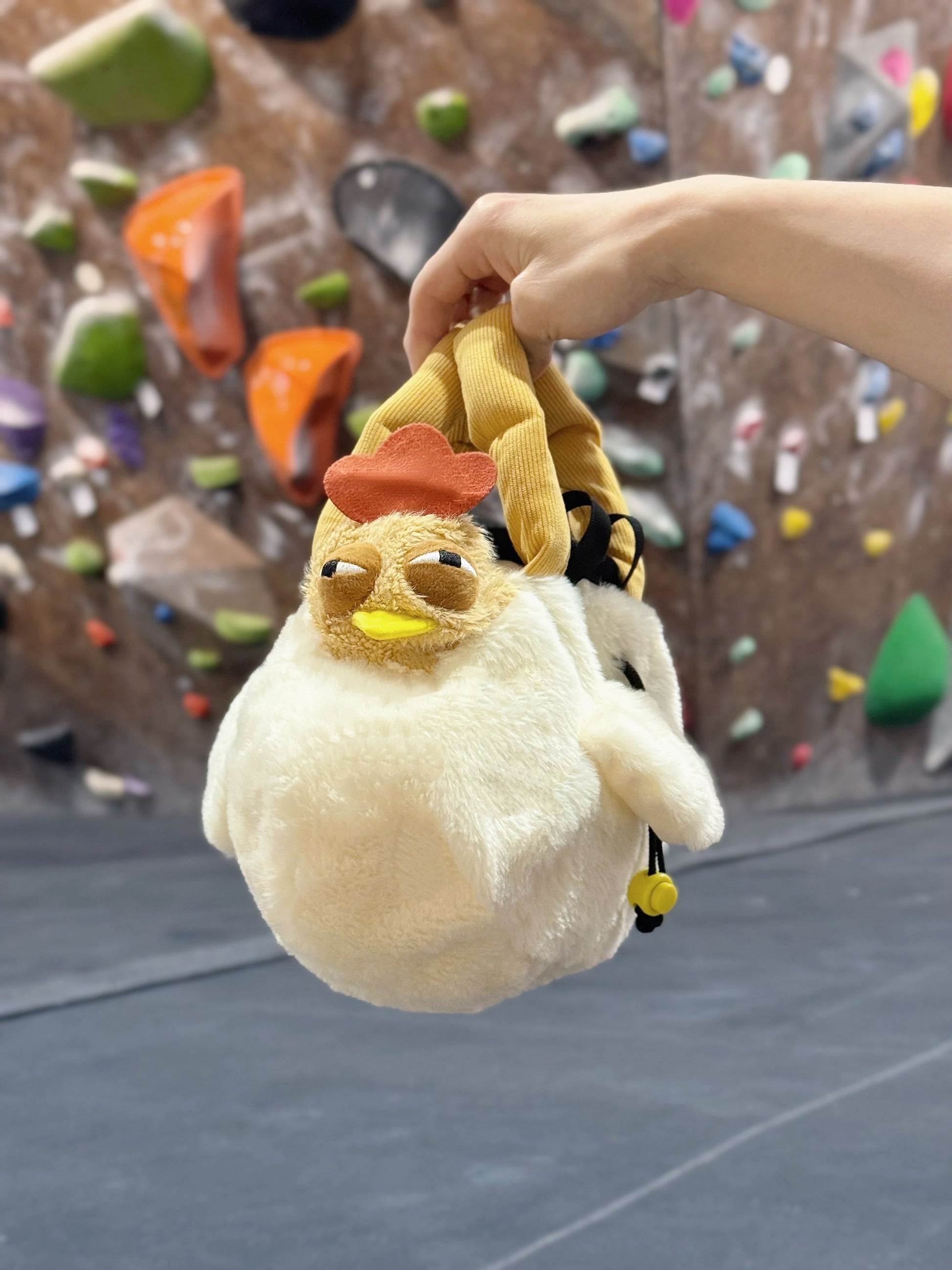 Chaotic chicken chalk bag with funny eyes, plush design, and handle – cute climbing gear for bouldering or gym use