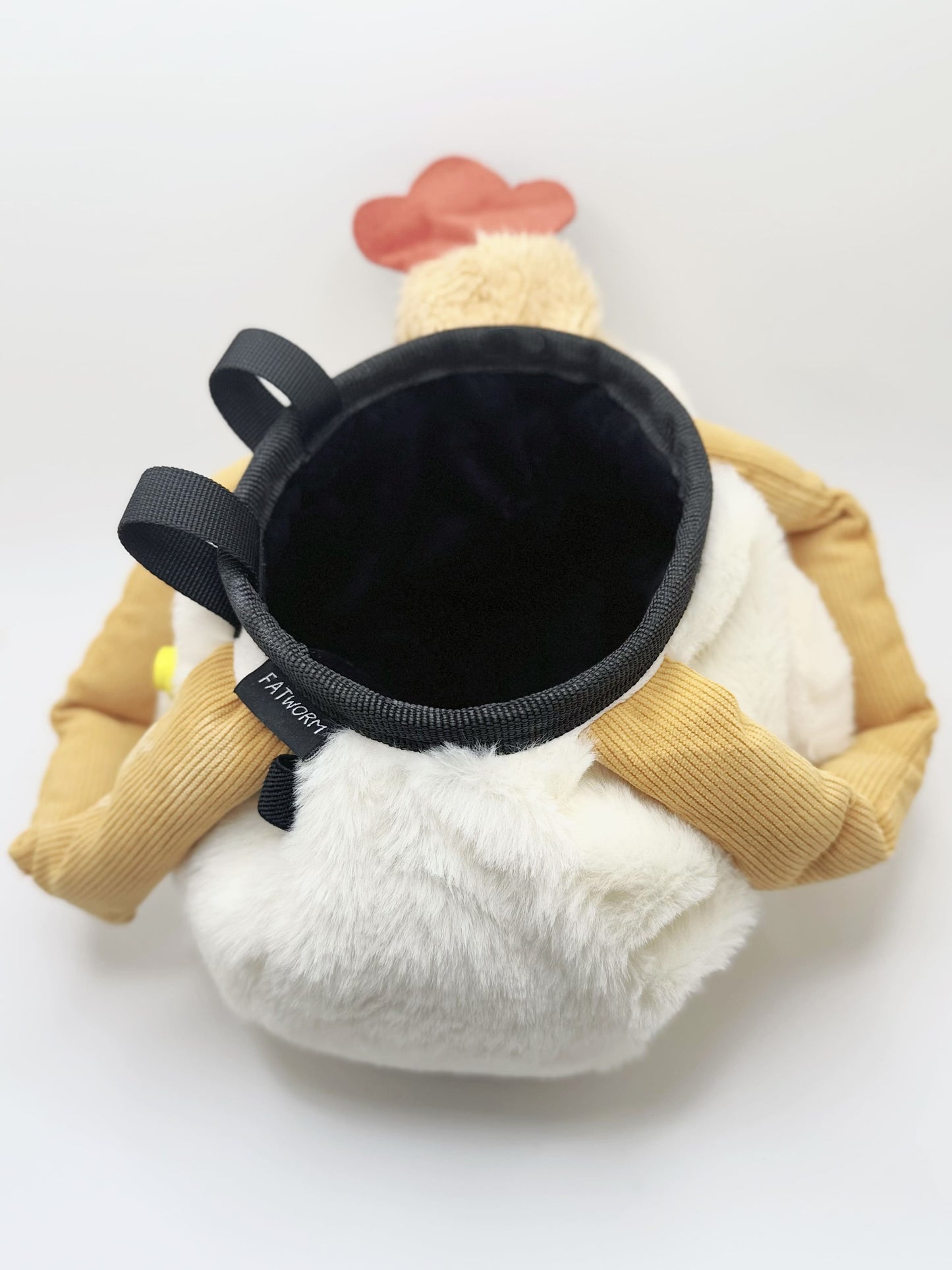 Chaotic chicken chalk bag with funny eyes, plush design, and handle – cute climbing gear for bouldering or gym use