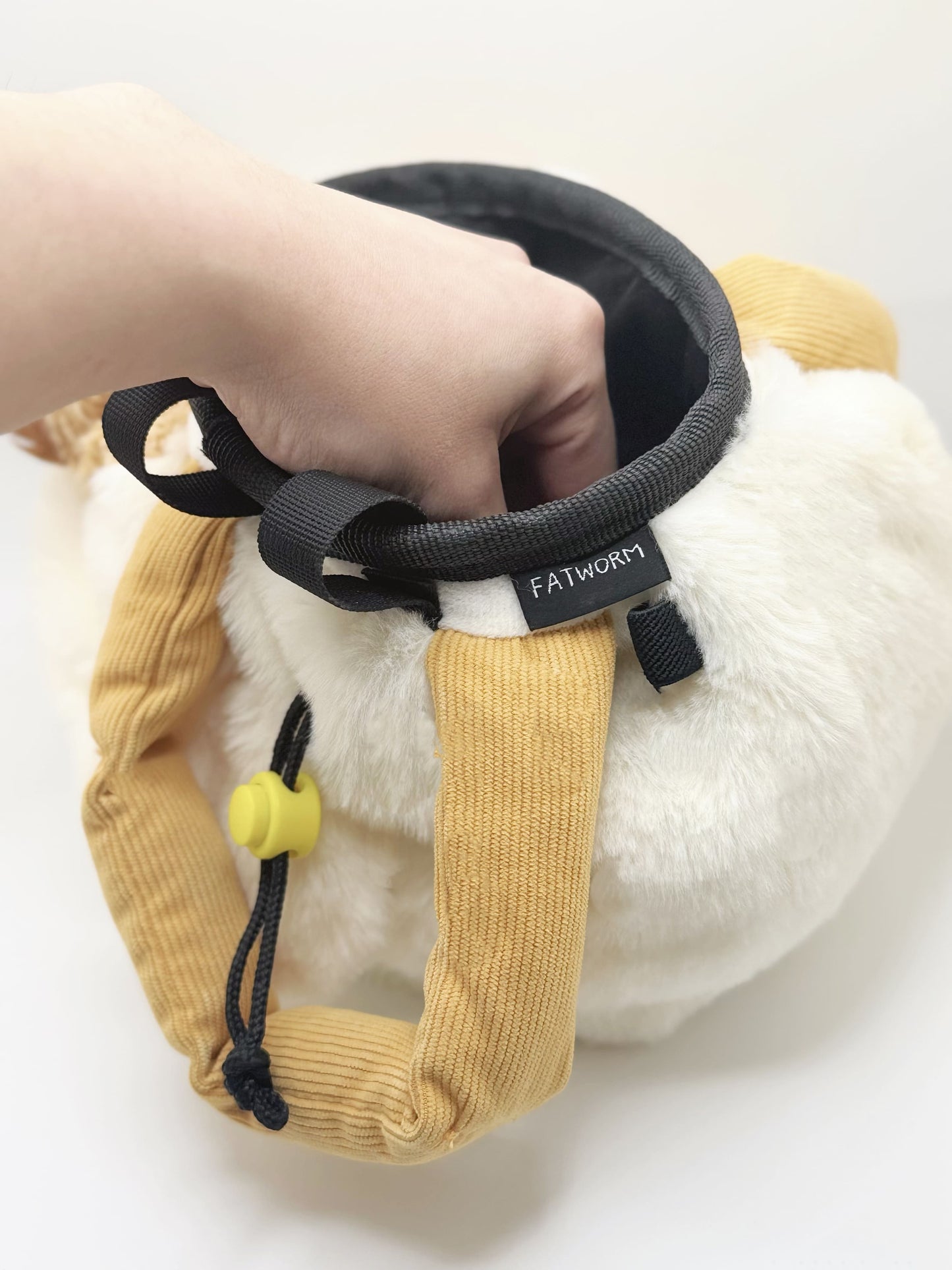 Chaotic chicken chalk bag with funny eyes, plush design, and handle – cute climbing gear for bouldering or gym use