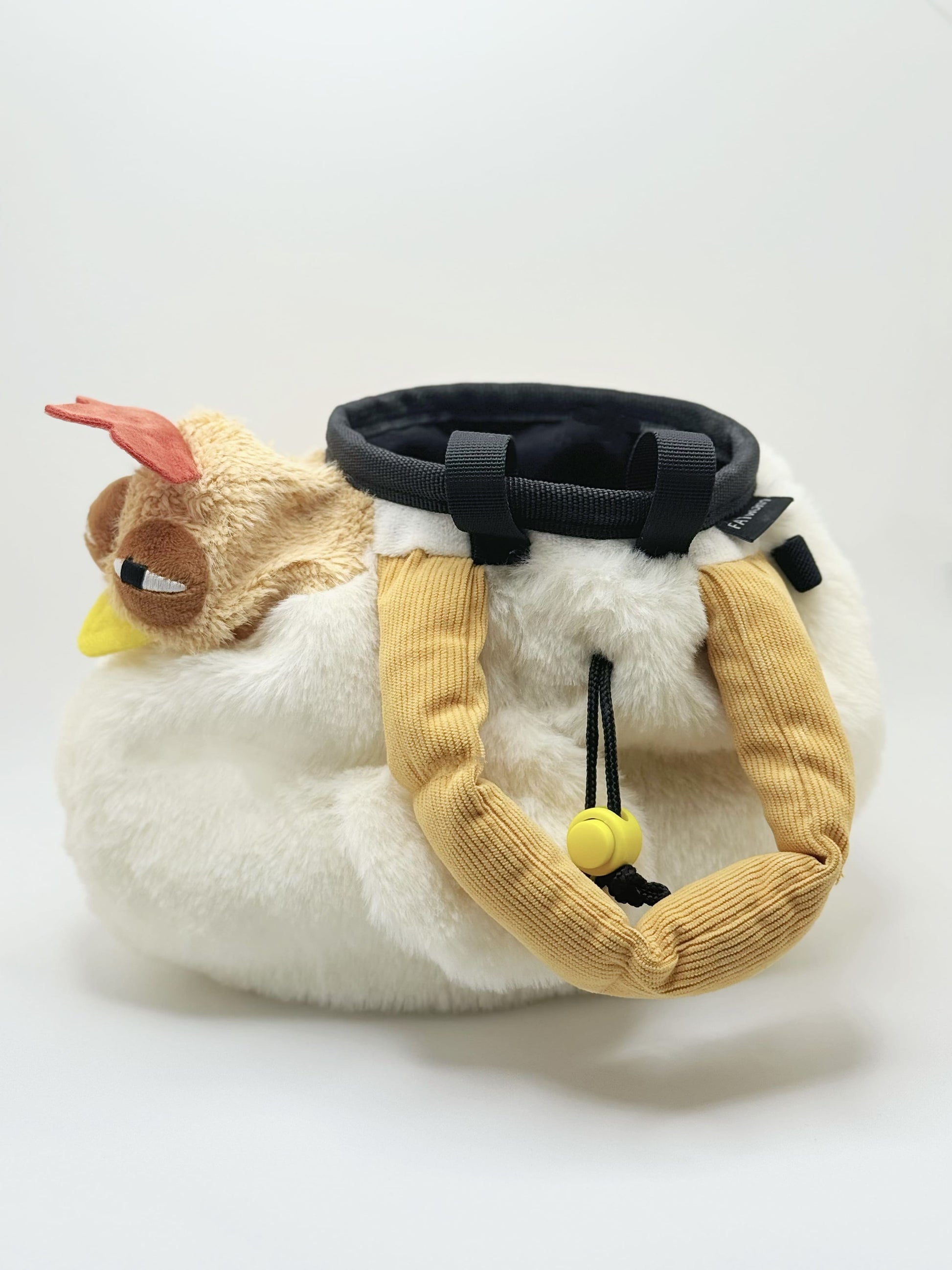 Chaotic chicken chalk bag with funny eyes, plush design, and handle – cute climbing gear for bouldering or gym use
