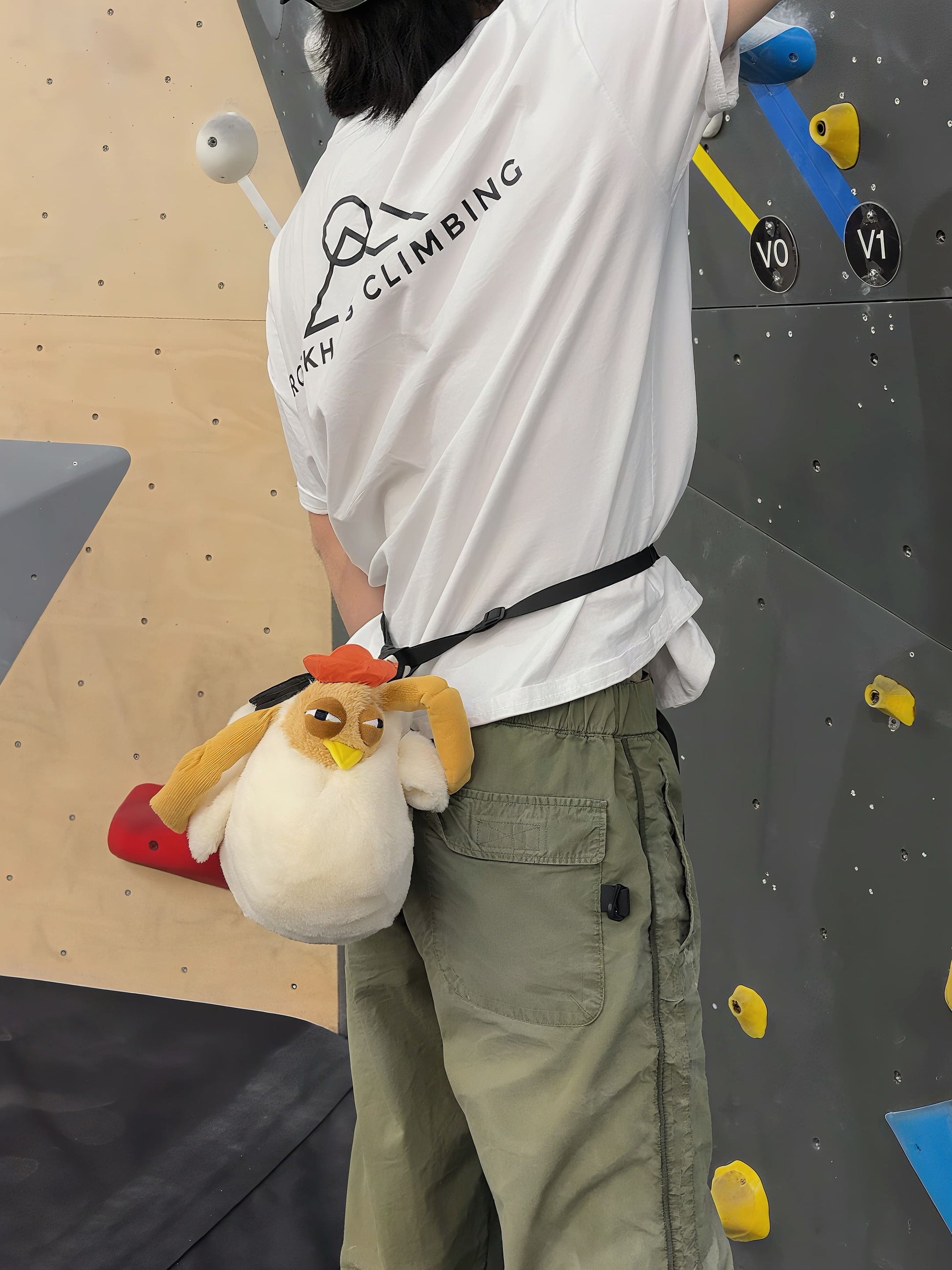 Chaotic chicken chalk bag with funny eyes, plush design, and handle – cute climbing gear for bouldering or gym use