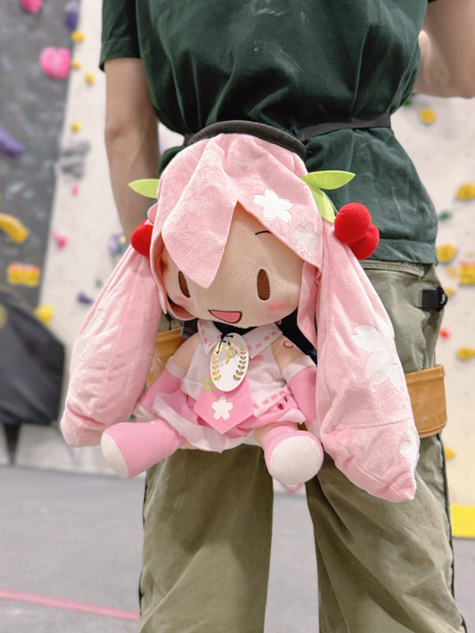 Sakura Hatsune Miku Chalk Bag – Plush anime-inspired chalk bag for climbing, bouldering, and rock climbing. Handmade by Fatworm Chalkbag, featuring a repurposed Sakura Miku plush design. Cute and functional gear for climbers and Vocaloid fans!