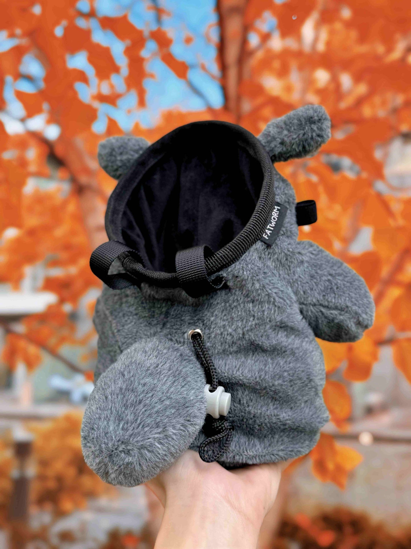 Smiling Hungry Totoro climbing chalk bucket and chalk bag – cute and functional anime plush climbing gear handmade by Fatworm