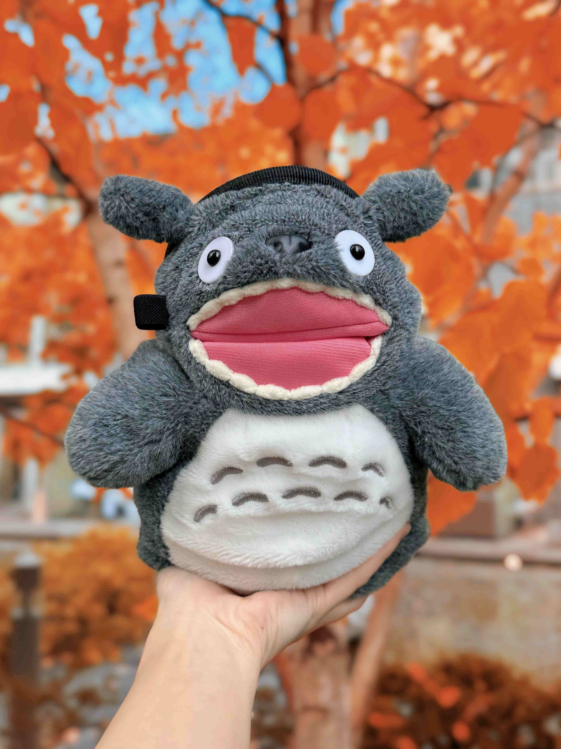 Smiling Hungry Totoro climbing chalk bucket and chalk bag – cute and functional anime plush climbing gear handmade by Fatworm