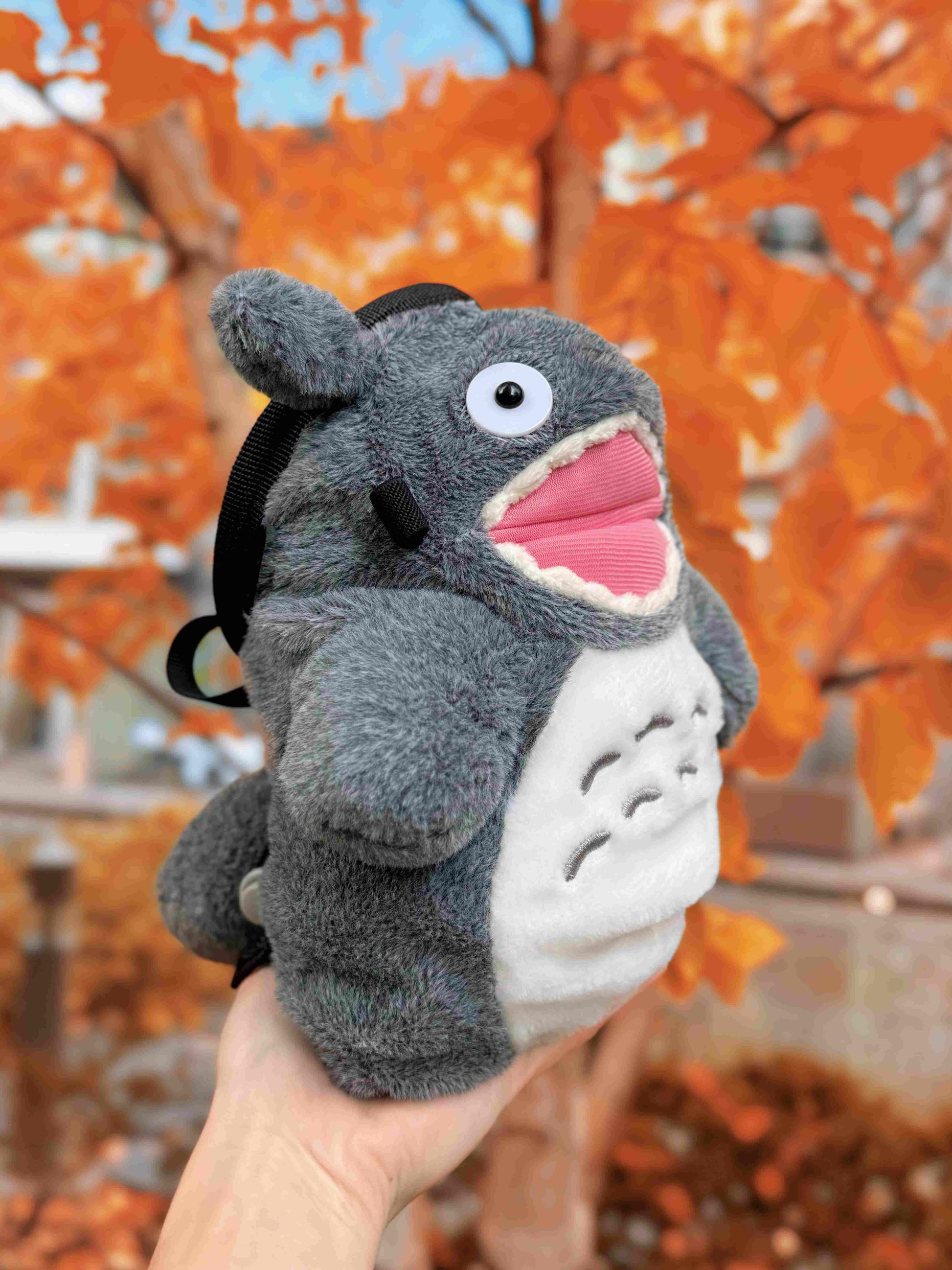 Smiling Hungry Totoro climbing chalk bucket and chalk bag – cute and functional anime plush climbing gear handmade by Fatworm