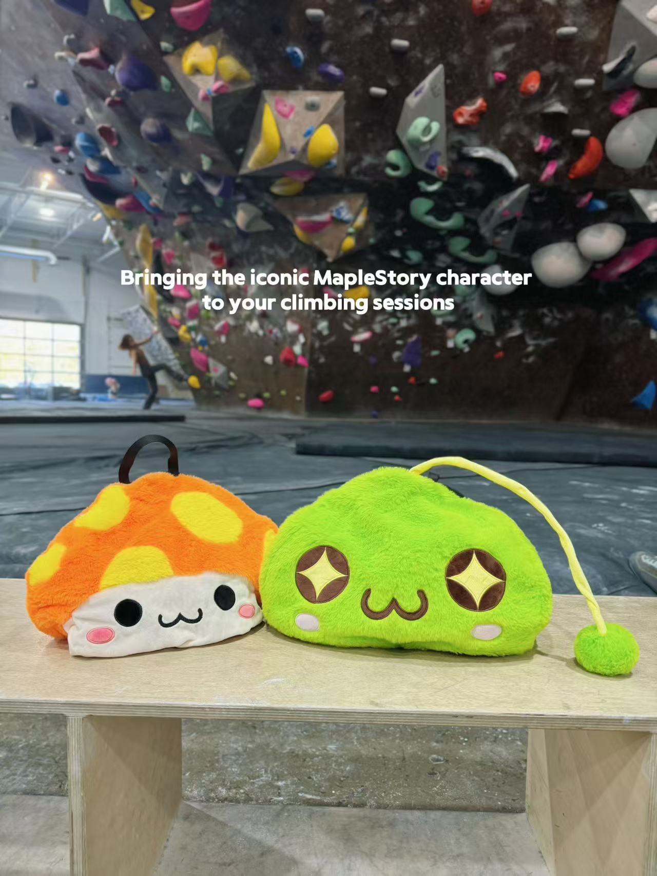 MapleStory-themed climbing chalk bucket featuring the Slime and Orange Mushroom characters. Rock climbing chalk bags by Fatworm