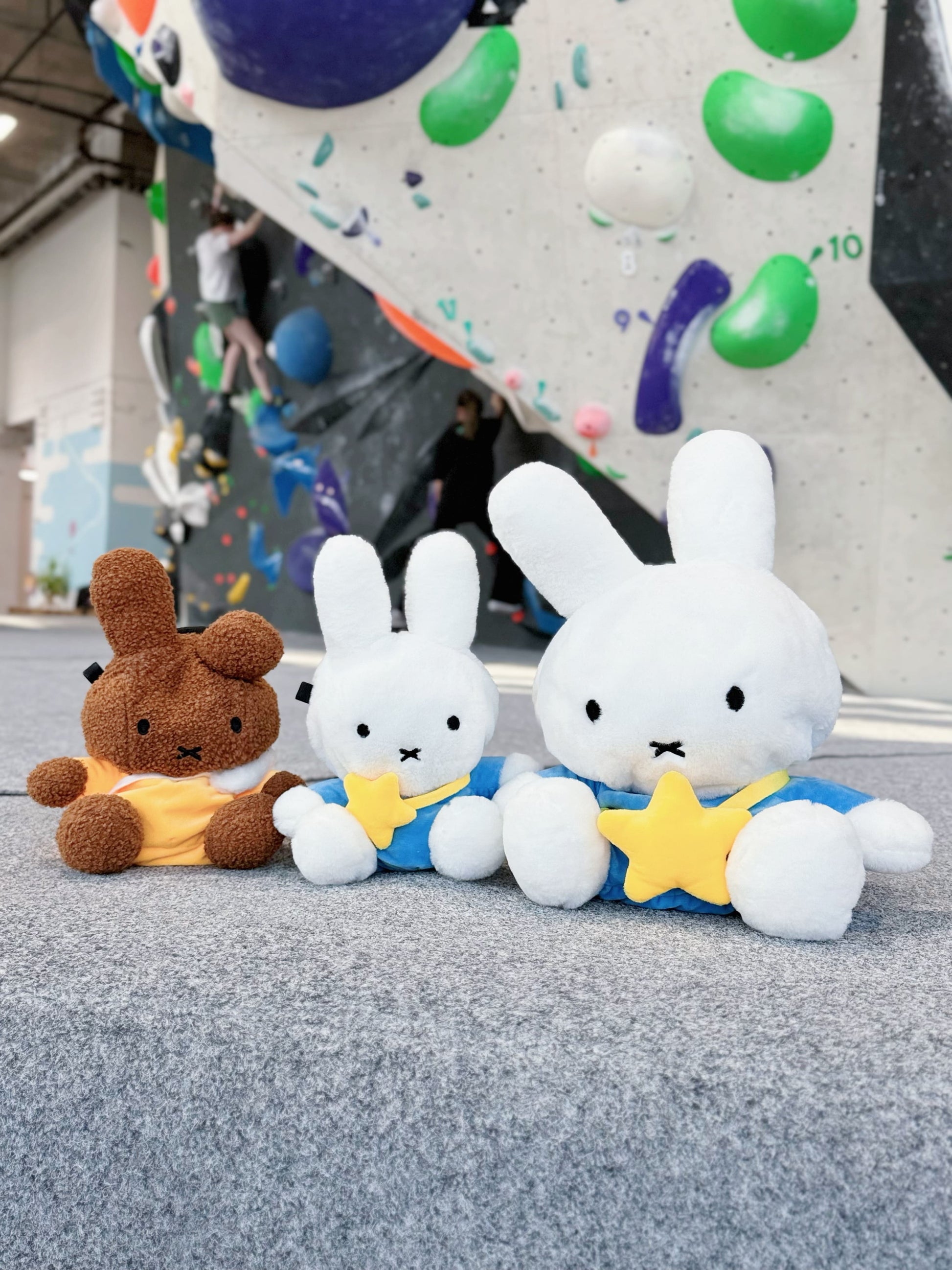 A cute anime plush miffy chalk bag by FATWORM featuring a white Vanilla Bunny wearing a blue dress and a yellow star backpack. This functional and fluffy bouldering accessory is handmade for bouldering and climbing for rock climbing, offering a long-durable design that makes the perfect climbing gift for a climber.