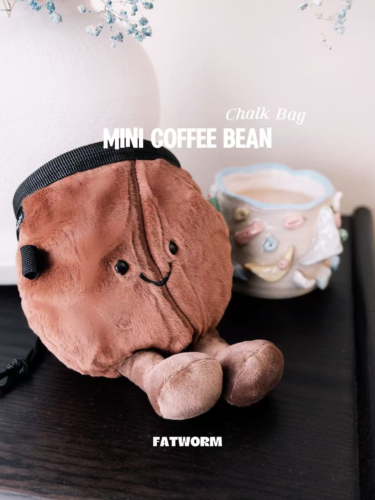 Mini coffee bean plush chalk bag for climbers—cute, handmade, and perfect for coffee lovers. Lightweight, functional, and ready for climbing