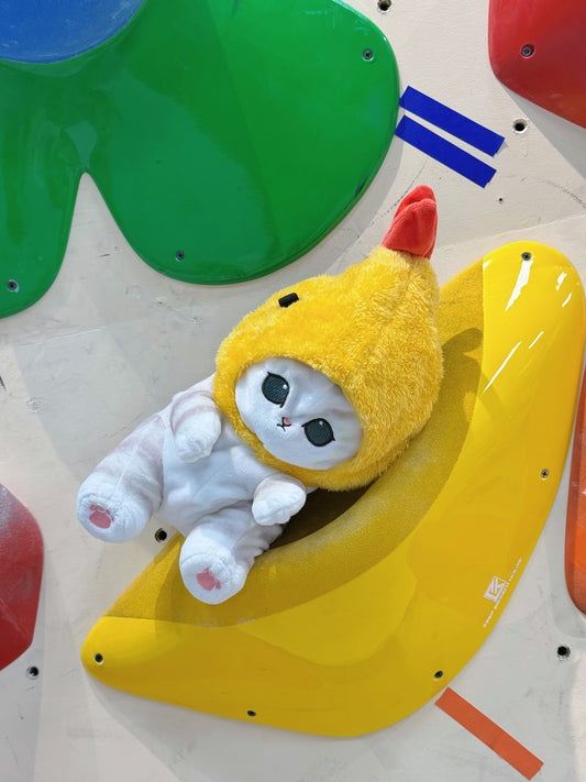 Mofusand cat tempura shrimp plush chalk bag for climbing and bouldering — cute handmade chalk bag with shrimp tempura design.