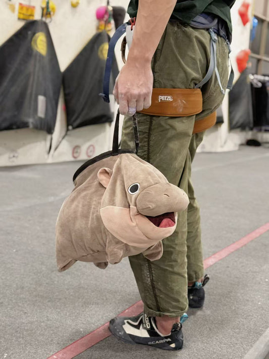 Moo Deng pygmy hippo chalk bag and chalk bucket, handmade plush climbing gear for bouldering by Fatworm animal plush chalk bag cute