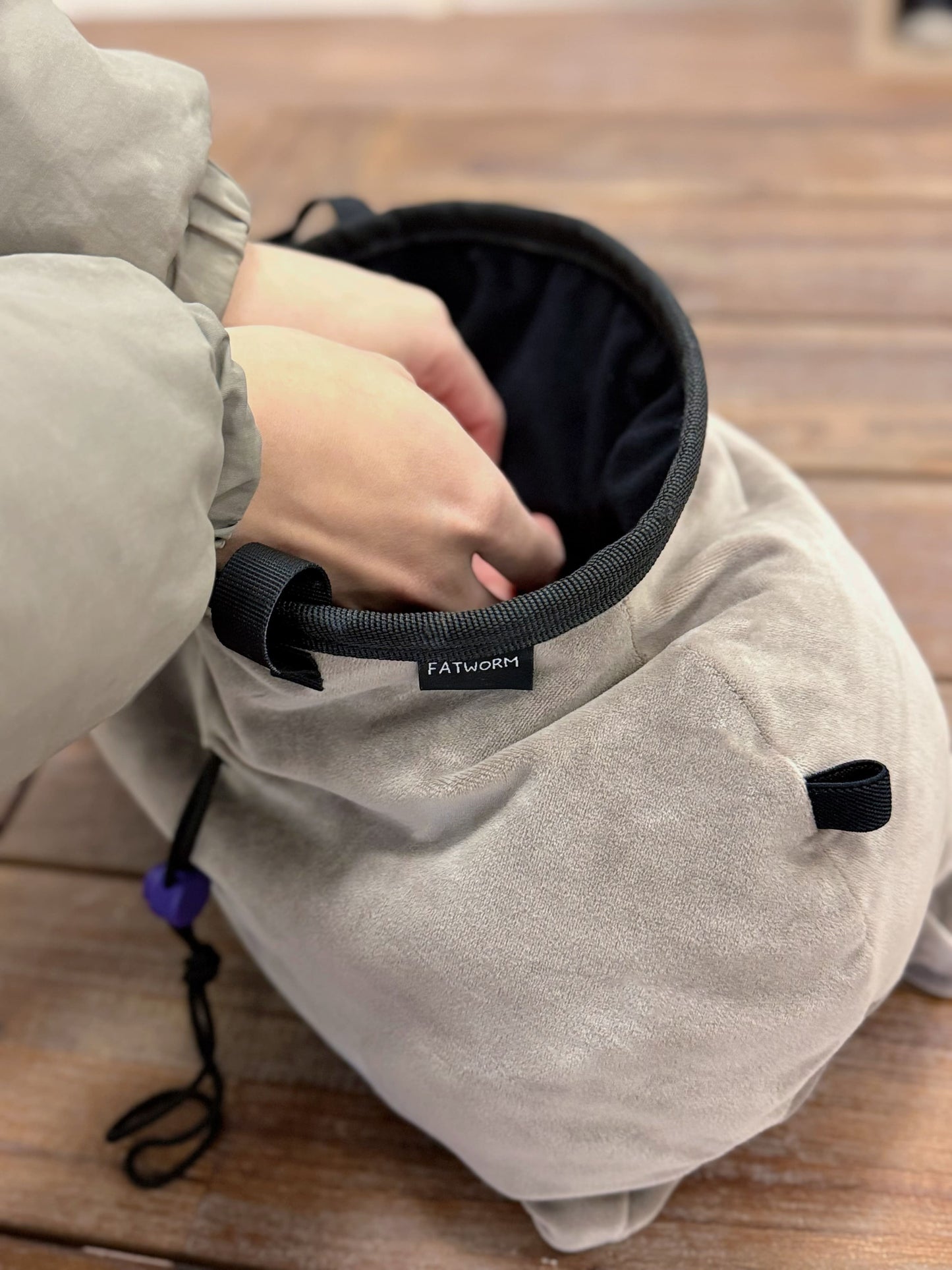 Moo Deng pygmy hippo chalk bag and chalk bucket, handmade plush climbing gear for bouldering by Fatworm animal plush chalk bag cute