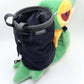 A cute, handmade plush climbing chalk bag designed to look like the Snivy, featuring a sleek green and cream body with yellow leaf-like accents and large, confident eyes. Designed with high functionality by a climber, it includes a wide black rim opening at the top for easy chalk access. A great climbing gift for trainers who want to catch them all.