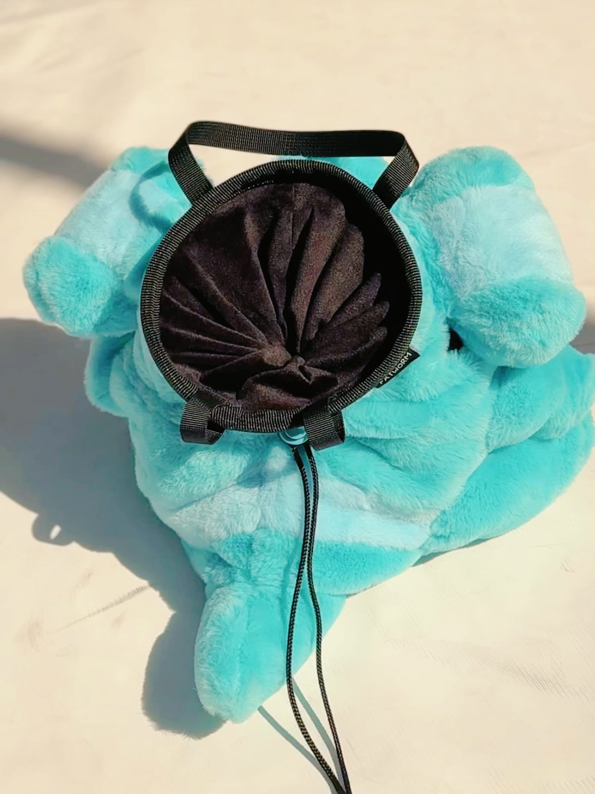 Handmade Gible chalk bucket for climbers, plush Pokémon-inspired bouldering chalk bag with wide rim, fleece lining, and drawstring closure