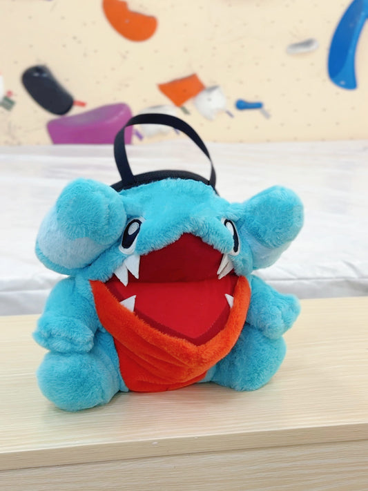 Handmade Gible chalk bucket for climbers, plush Pokémon-inspired bouldering chalk bag with wide rim, fleece lining, and drawstring closure