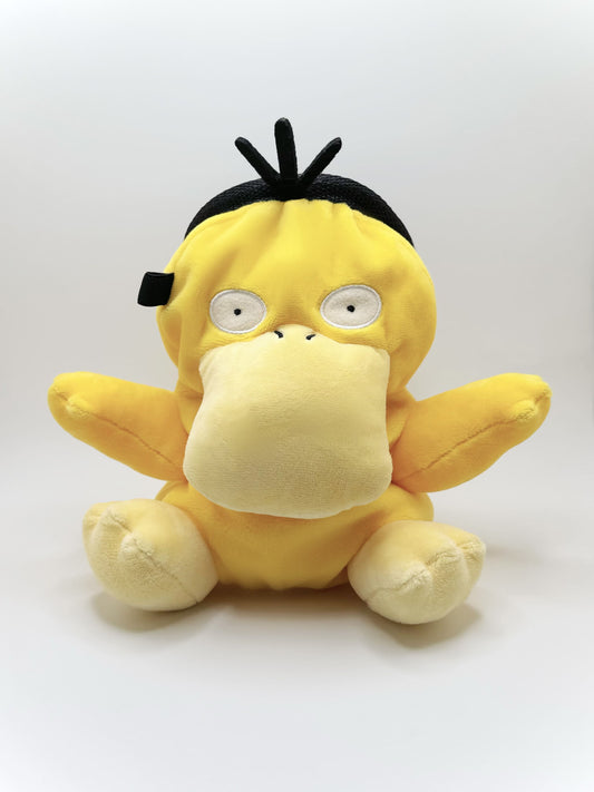 Handmade Psyduck plush anime chalk bags in two sizes – cute, functional climbing gear for bouldering enthusiasts and Pokémon fans by Fatworm Chalkbag
