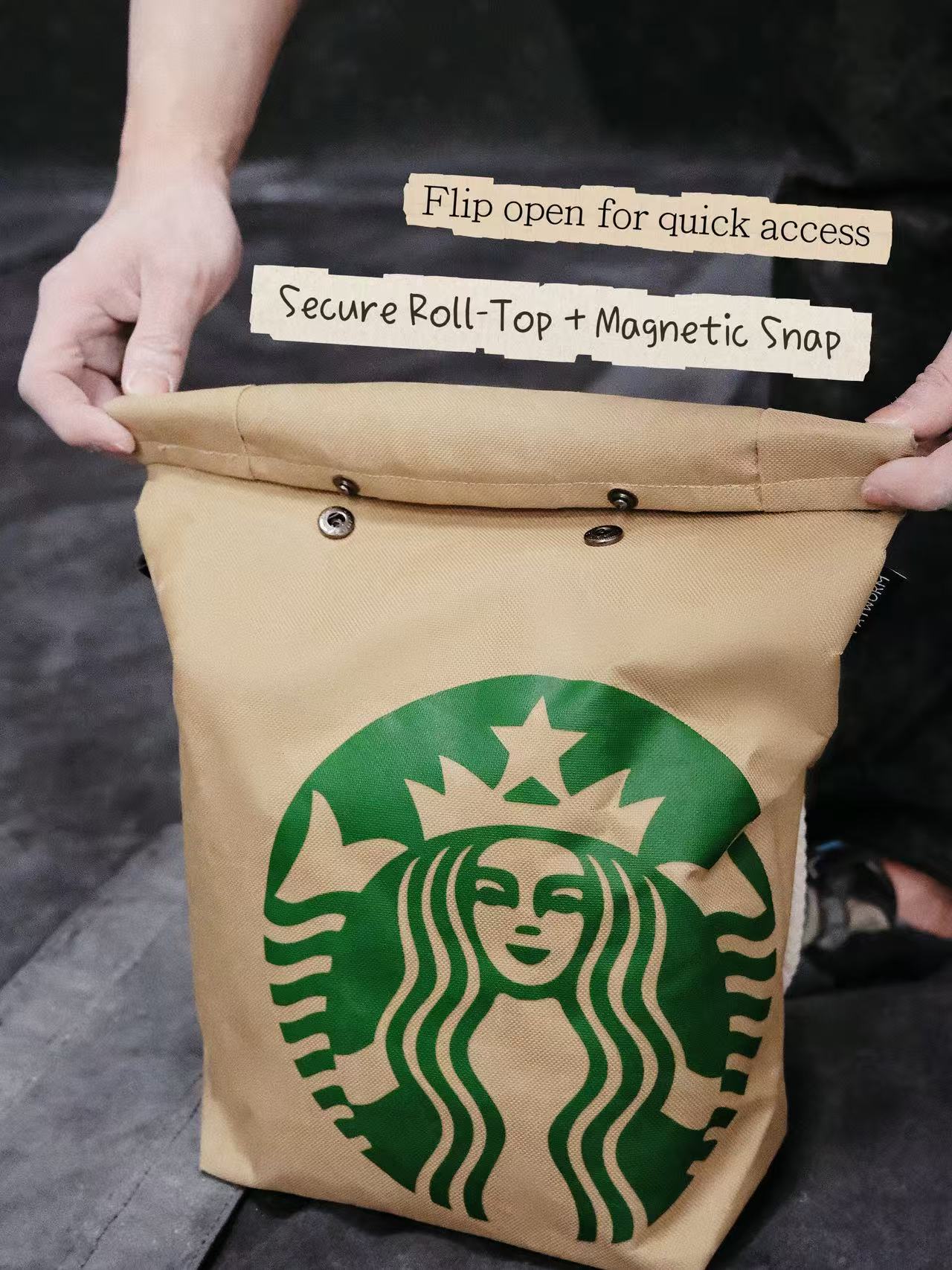 Functional and cute starbucks coffee-themed bouldering chalk bucket with a forest green exterior and black soft fleece lining, shown sitting upright on a climbing gym mat for scale.
