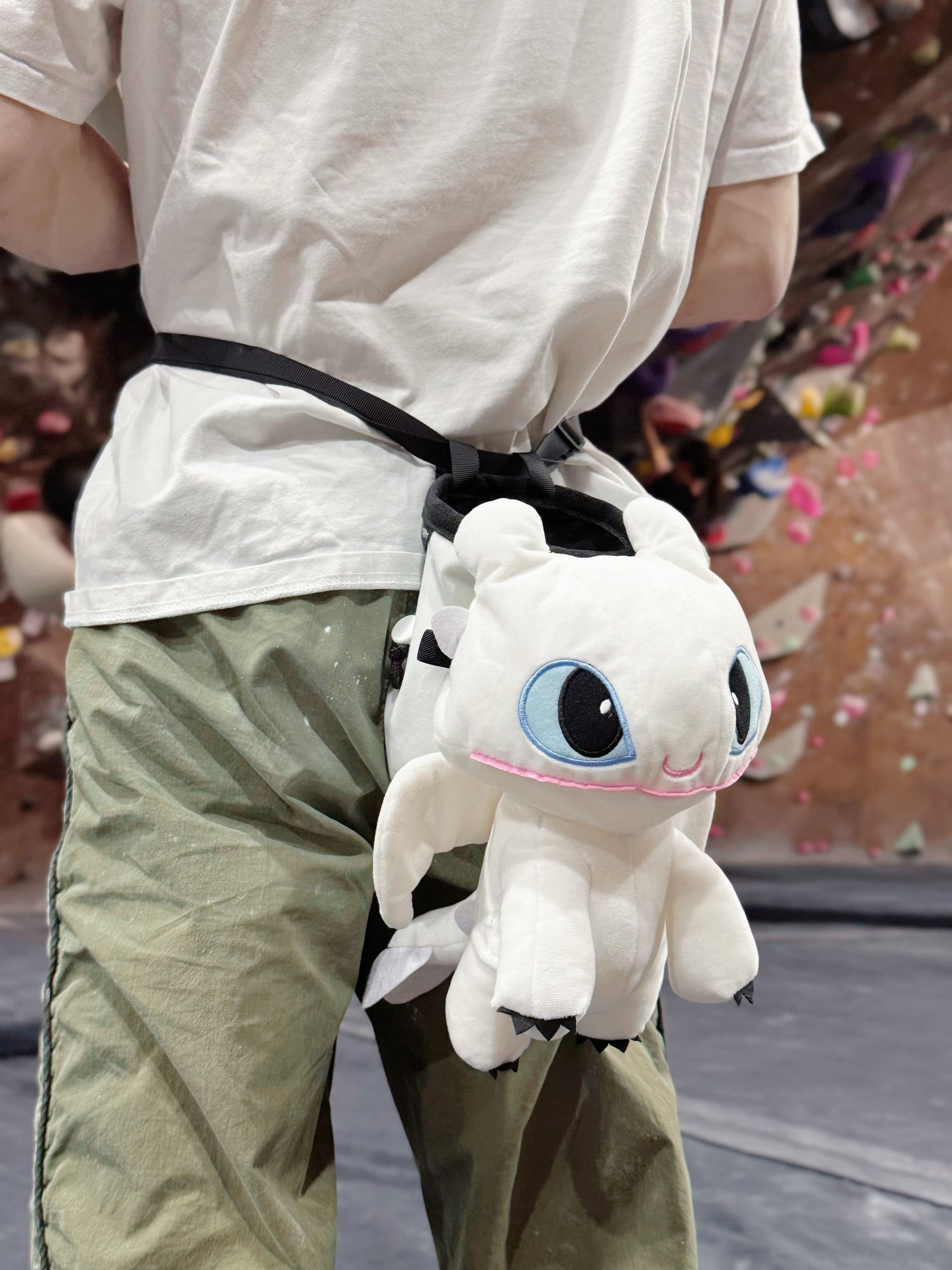 Light Fury chalk bag paired with Toothless chalk bag, inspired by How to Train Your Dragon, featuring a cute plush design for climbing and bouldering by Fatworm.