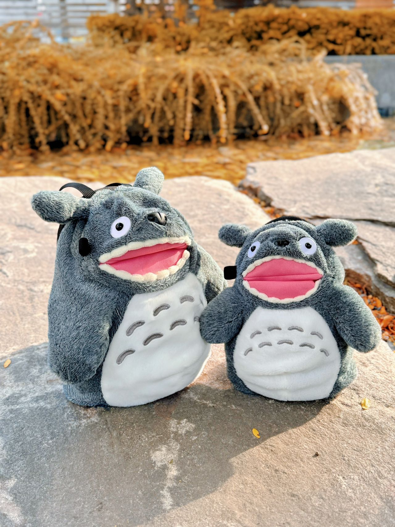 Smiling Hungry Totoro climbing chalk bucket and chalk bag – cute and functional anime plush climbing gear handmade by Fatworm